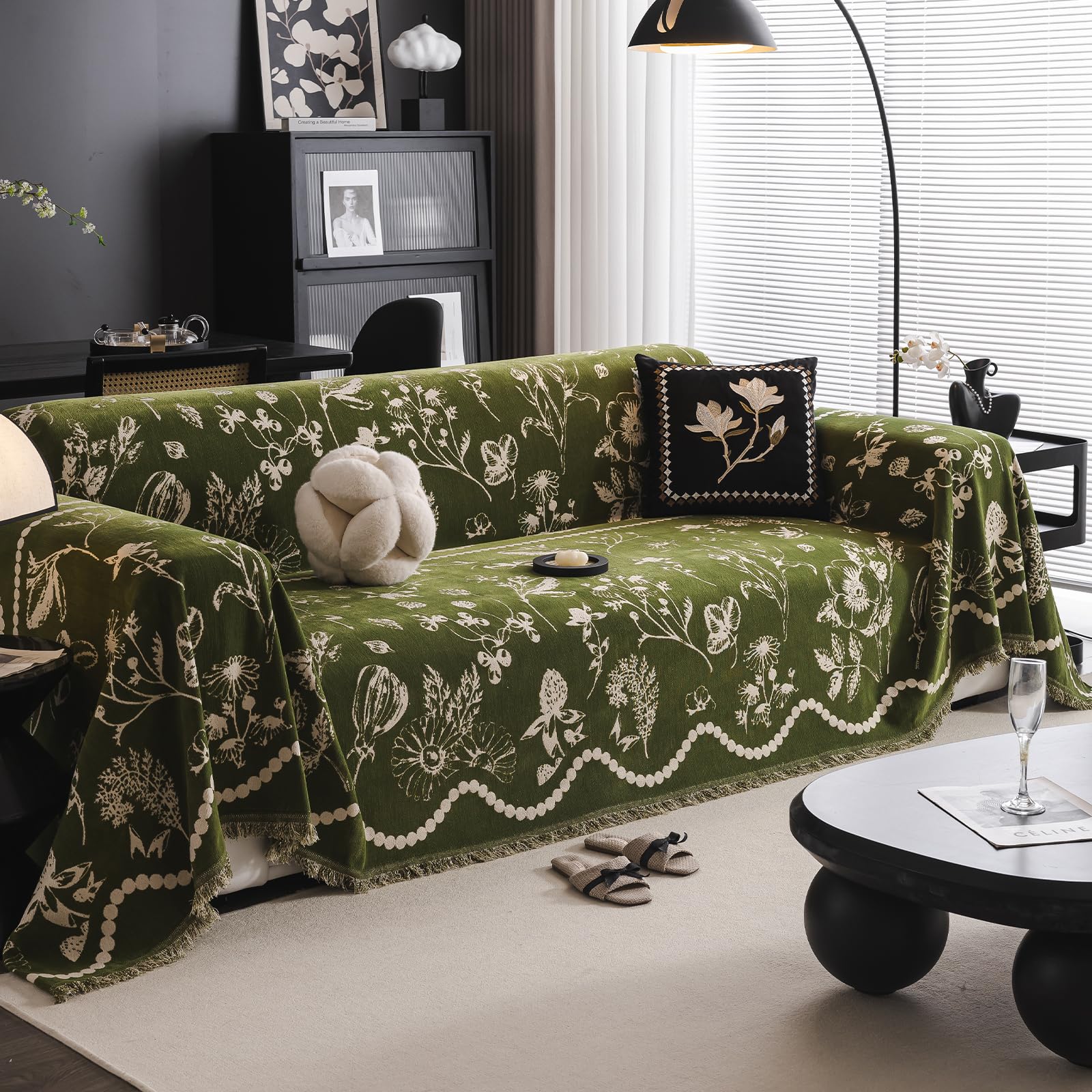 DREAMINGO Green Floral Couch Cover Farmhouse Botanical Jacquard Sofa Covers for 3 Cushion Couch Cozy Chenille Living Room Furniture Futon Sectional Sofa Slipcovers Washable, X-Large 71"x134" — image 1