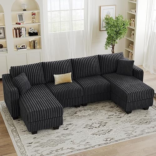 Belffin Sofá en forma de U con tumbonas reversibles, sofás seccionales para sala de estar, sofá modular con otomanas de pana (gris oscuro, en forma