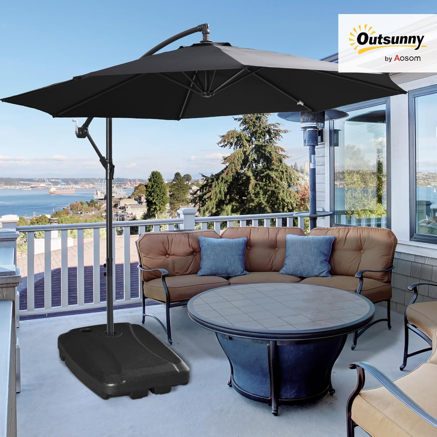 Outsunny Cantilever Umbrella Base, 165 lbs. Capacity, Portable Offset Umbrella Stand on Wheels, Mobile, Heavy-Duty, Fillable with Water or Sand, Black