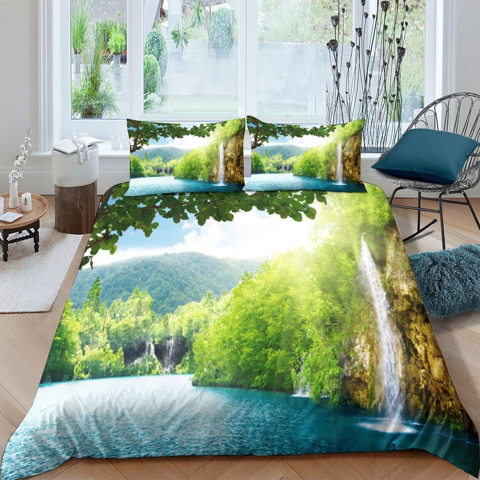 Ctjqhvkz Style-8 3D Printed Waterfall Forest Fitted Sheet Microfiber Scenic Lake Bed Cover For Bedroom Guest Room Decor Protection Single（135X200cm）