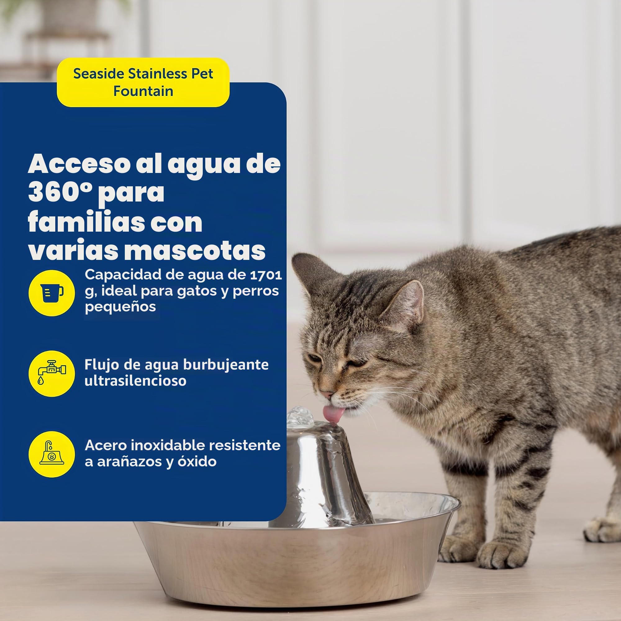 PetSafe Seaside Pet Waterfontein, Capacidad de Agua de 1,8 l, Fuente de Acero Inoxidable para Gatos, Ayuda a prevenir el acné en Las Mascotas, Material Resistente a los arañazos y la oxidación