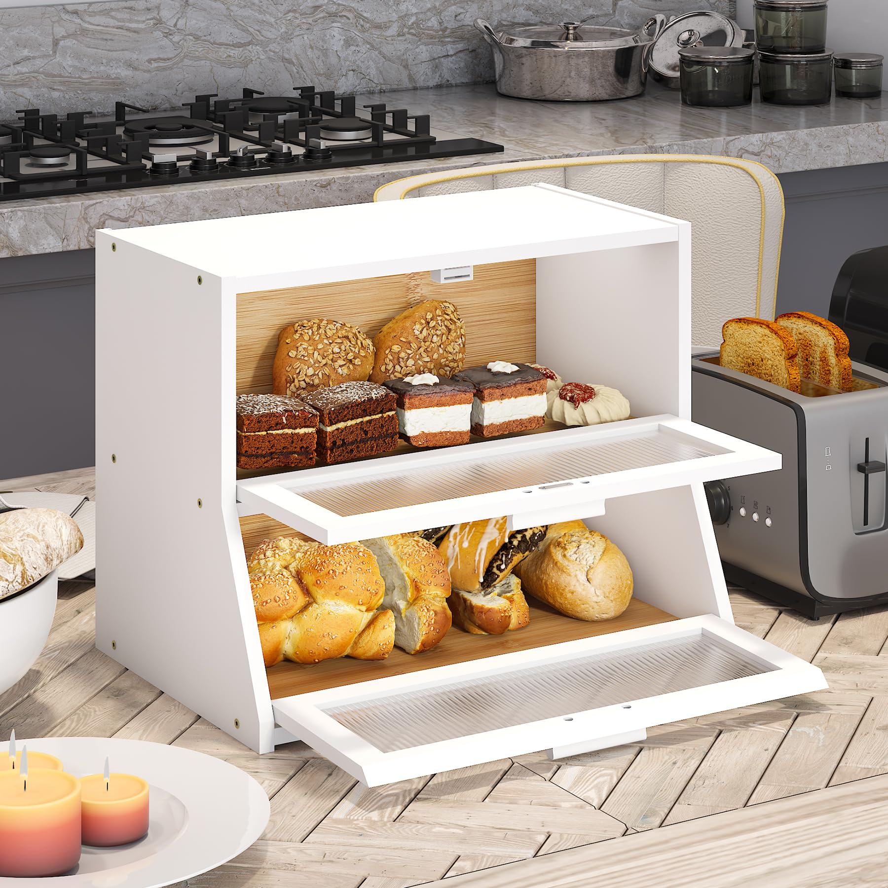 Large Bread Box Double Layer Bamboo Bread Box for Kitchen Counter Container Farmhouse Bread Holder Capacity Bread Storage Bin(White)
