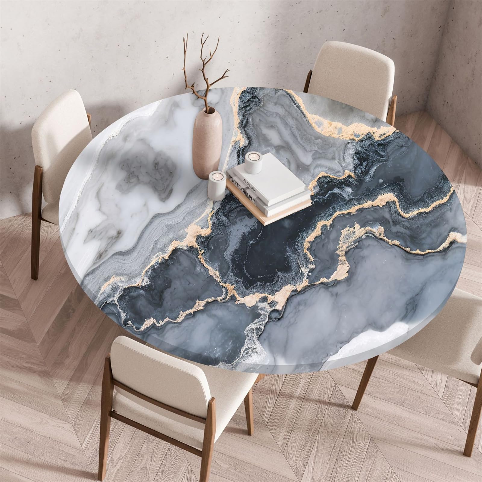 Muiuou Round Tablecloth, Marble Printing Tabletop, Reusable Wipeable Waterproof Oil-Proof Elastic Edged Round Table Cover Cloth, Fitted Kitchen Dining Room Picnic