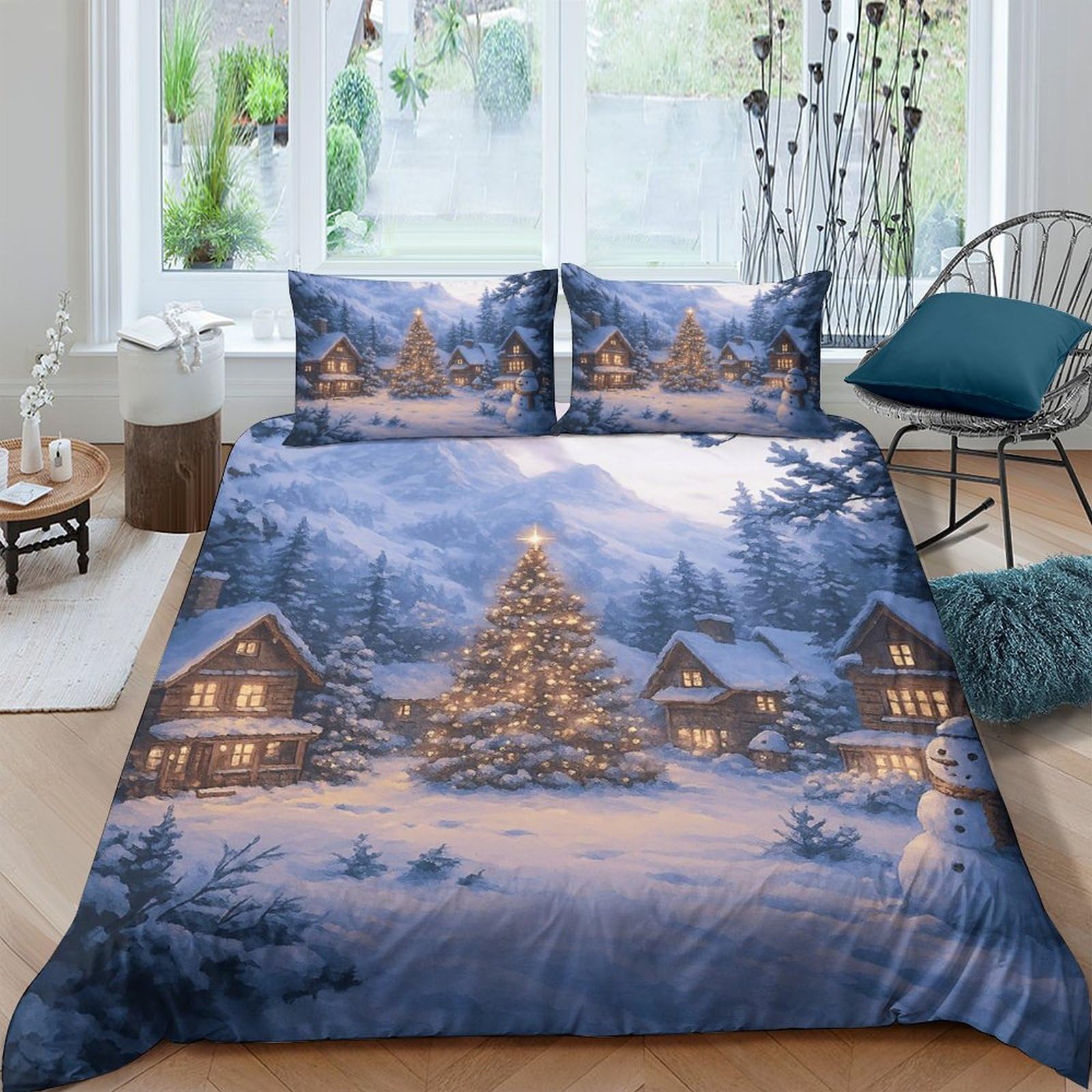 Ctjqhvkz Style-10 3D Printed Winter Cabin Scene Fitted Sheet Microfiber Soft Washable Christmas Village Mattress Cover For Bedroom Home Decor Single（135X200cm）