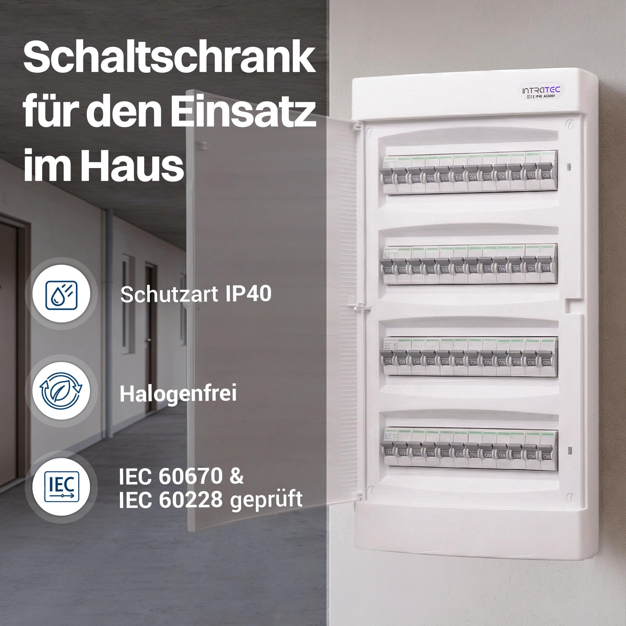 Intratec Sicherungskasten Unterputz 4 reihig – Unterputz Verteilerkasten IP40 für 48 Module mit weißer Tür und Hutschiene für einfache Elektroinstallation Zuhause & Gewerbe – 676 x 283 x 106mm
