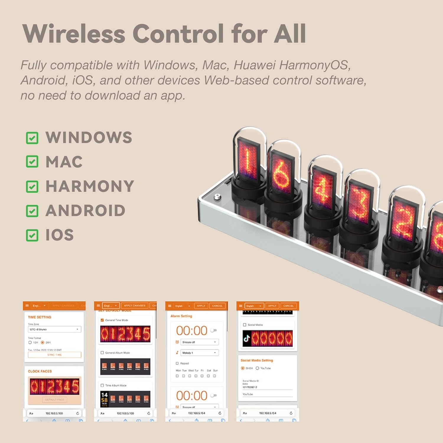 Simulated Nixie Tube Clock with 6 IPS LCD Digits, Wi-Fi Sync, RGB Light, Custom Photo Display, Aluminum Base – Retro Cyberpunk Desk Clock & Gift