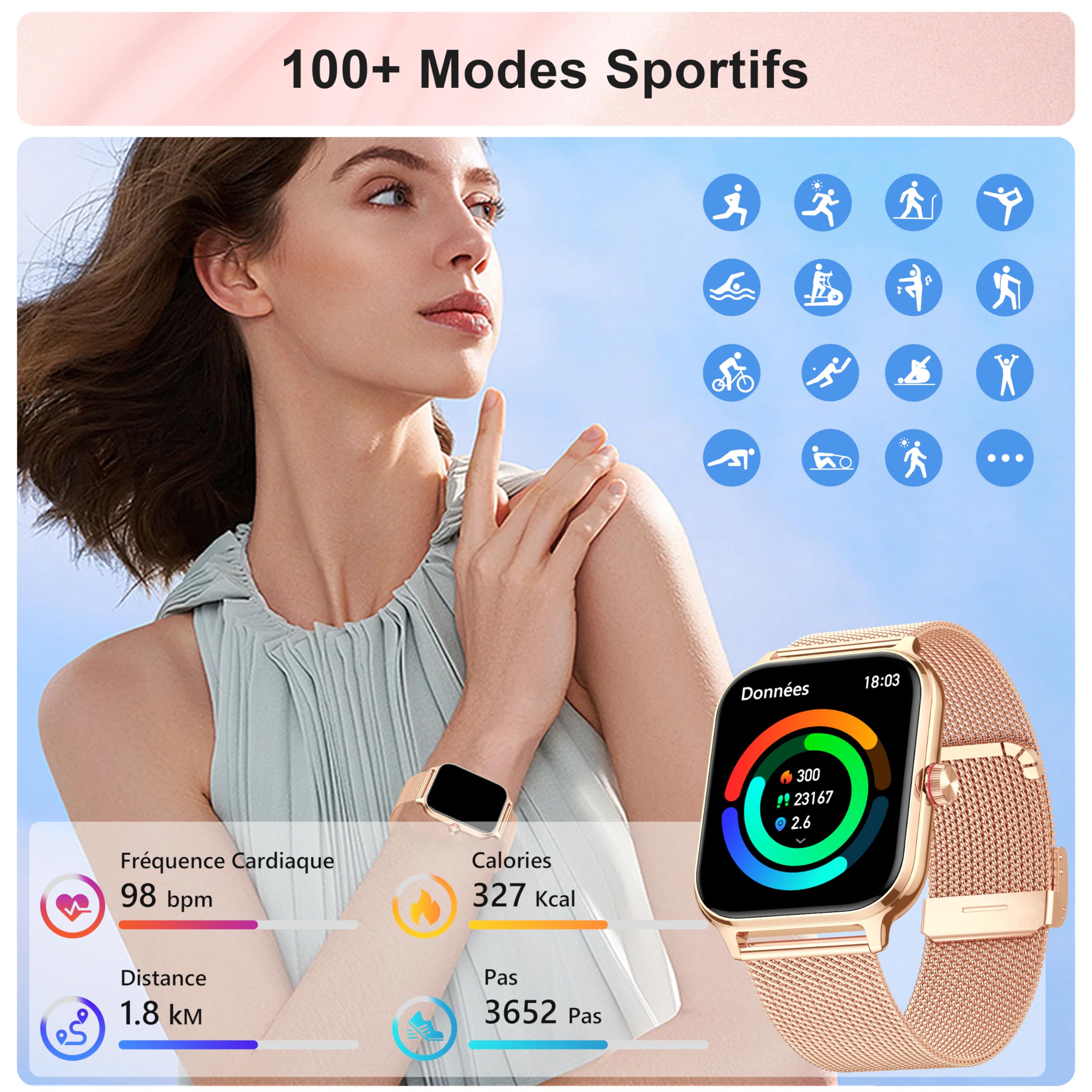 LODIMEKE Smartwatch Appel pour Apple Samsung Xiaomi & Android Phones, Montre Connectée Femme Homme Tension Artérielle Fréquence Cardiaque Sommeil, 1.96'' AI 100+ Sports, IP67 Podomètre Calculatrice