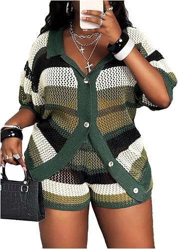 winkbay Women's Plus Size 2 Piece Crochet Shirt and Shorts Sets
