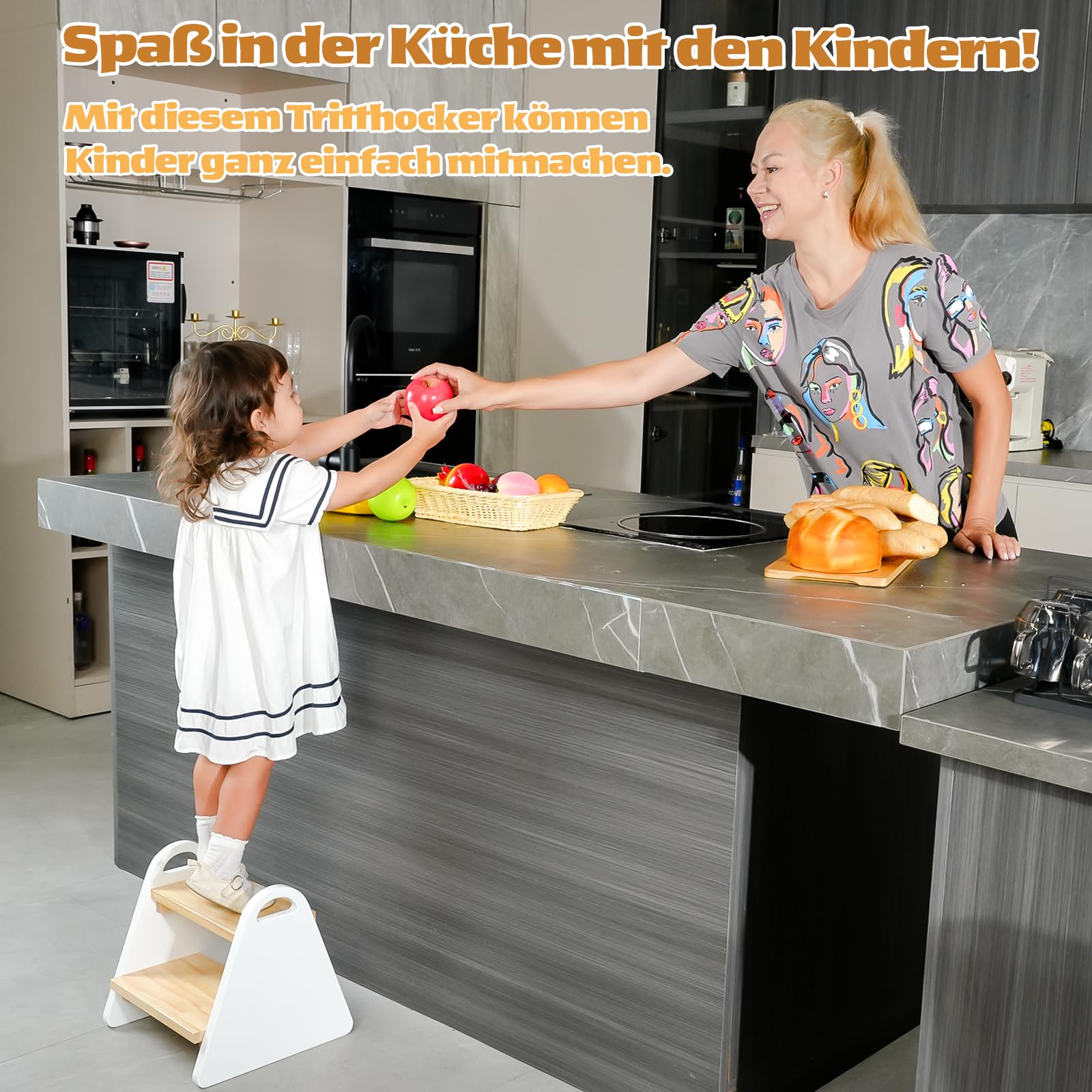 2-stufiger Tritthocker für Kinder aus Naturmaterial Trittpult (Weiß) | Rutschfester Kindertreppe für Bad, Küche & Schlafzimmer | Abgerundete Kanten, sicher und kindgerecht
