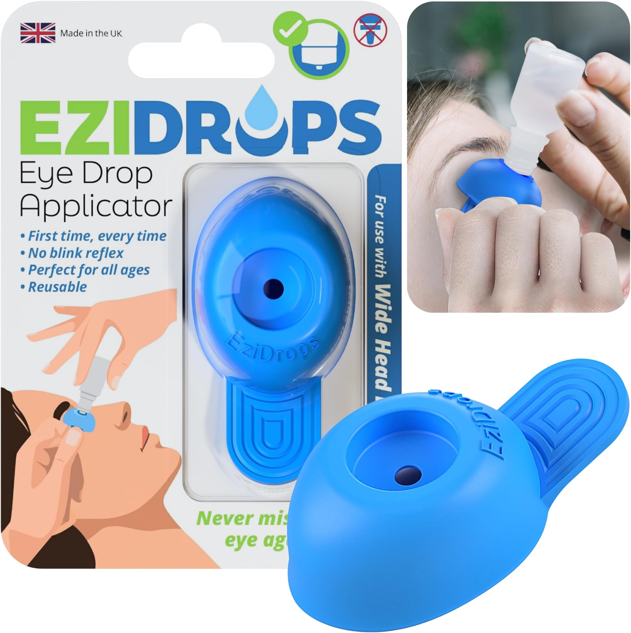– Eye Drop Dispenser - Suitable for Wide/Flat Head Bottles Only - No More Involuntary Blinking and Fluids Wastage! - Reusable Easy Eye Drop Applicator from Young Children to Elderly (Blue)