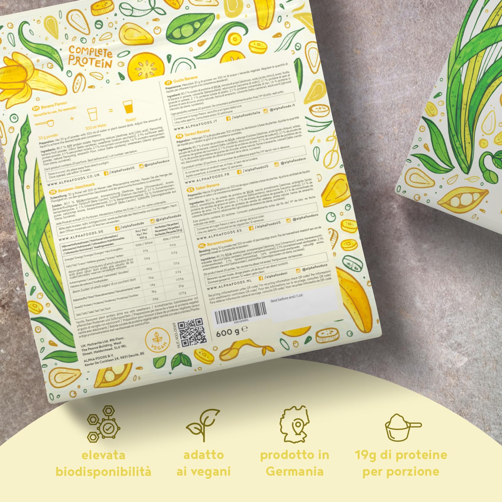 Proteine in Polvere Vegane | Gusto Banana | 23g Proteine Vegetali Isolate di Pisello, Riso, Girasole e Soia | Massa Muscolare | 600g Vegan Protein Powder | Alpha Foods