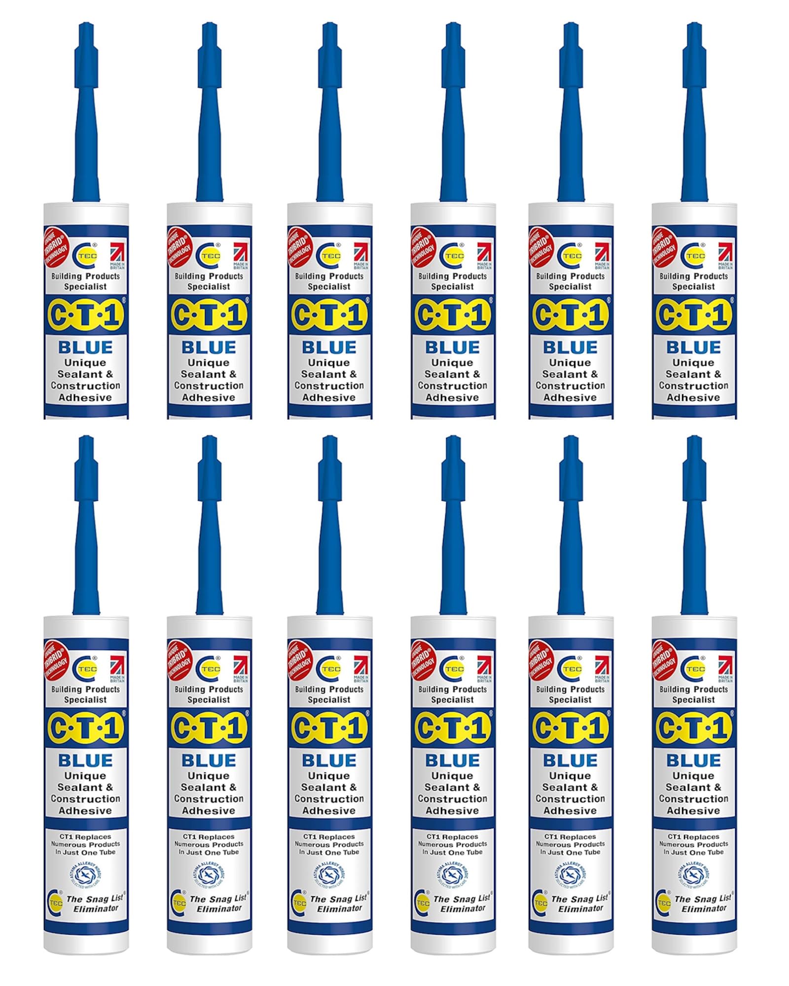 CT1 - Building Sealant & Adhesive Snag Tube 290ml for Virtually Any Material (Blue 12 Pack)