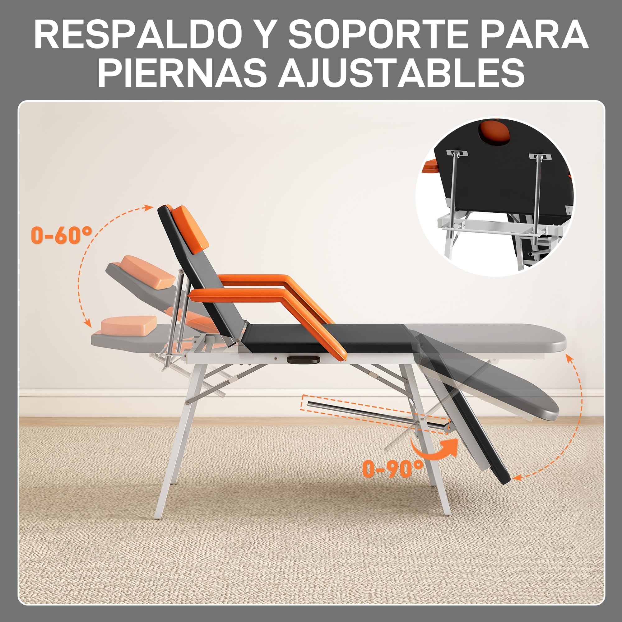 HOMCOM Camilla Masaje Plegable Portátil Camilla Estética Profesional de 3 Zonas con Respaldo Soporte para Piernas Ajustables Reposacabezas Extraíble Reposabrazos Acolchados para SPA 182x82 cm Naranja