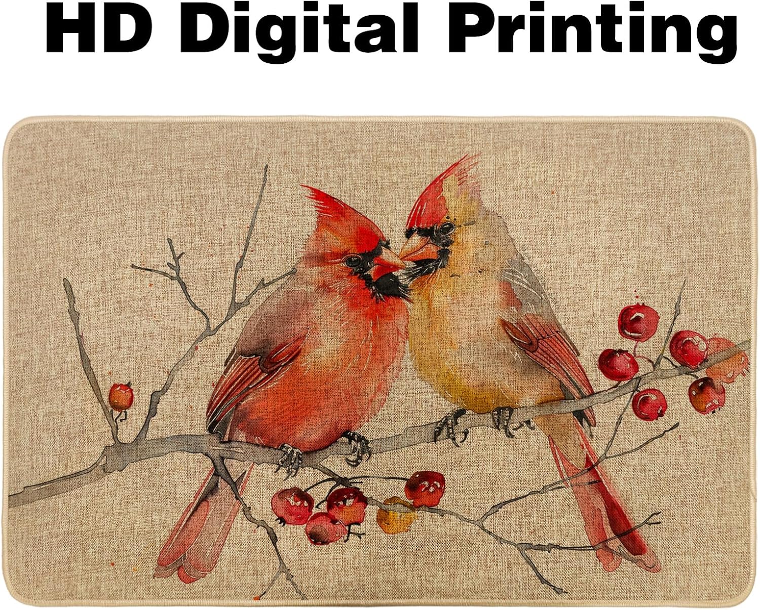 Spring Cardinal Birds Doormat, Nature Vintage Vibrant Beige Door Mat for Outdoor & Indoor Entrance, Rustic Farmhouse Style, Rubber Waterproof Non-Slip Dust Absorbent Floor Mat, Clean 17x29 Inch