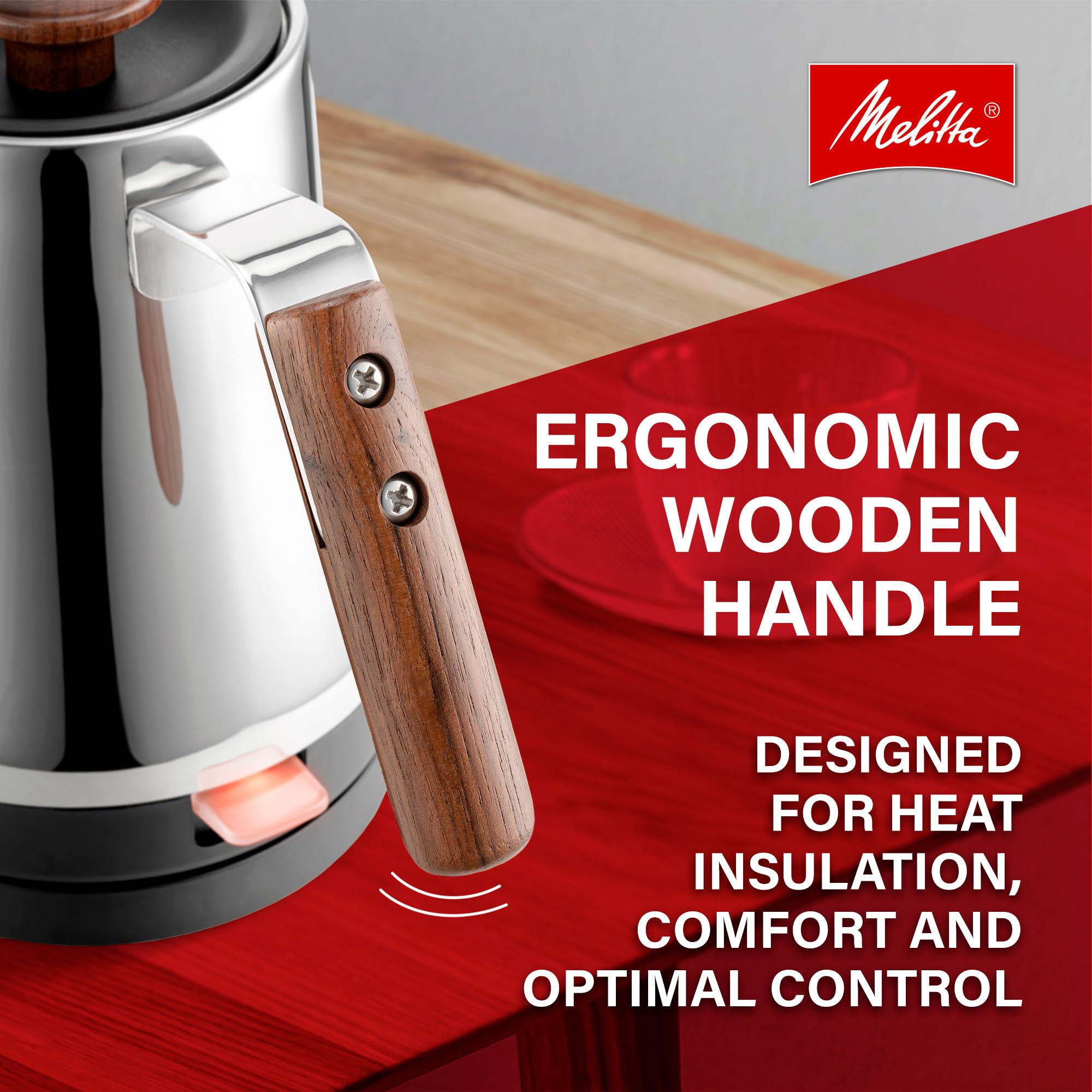 Melitta Precision Pour X Stainless Steel Gooseneck Electric Kettle | Wooden Handle, Wooden Knob, Gooseneck Spout, BPA Free interior, Automatic Shut Off