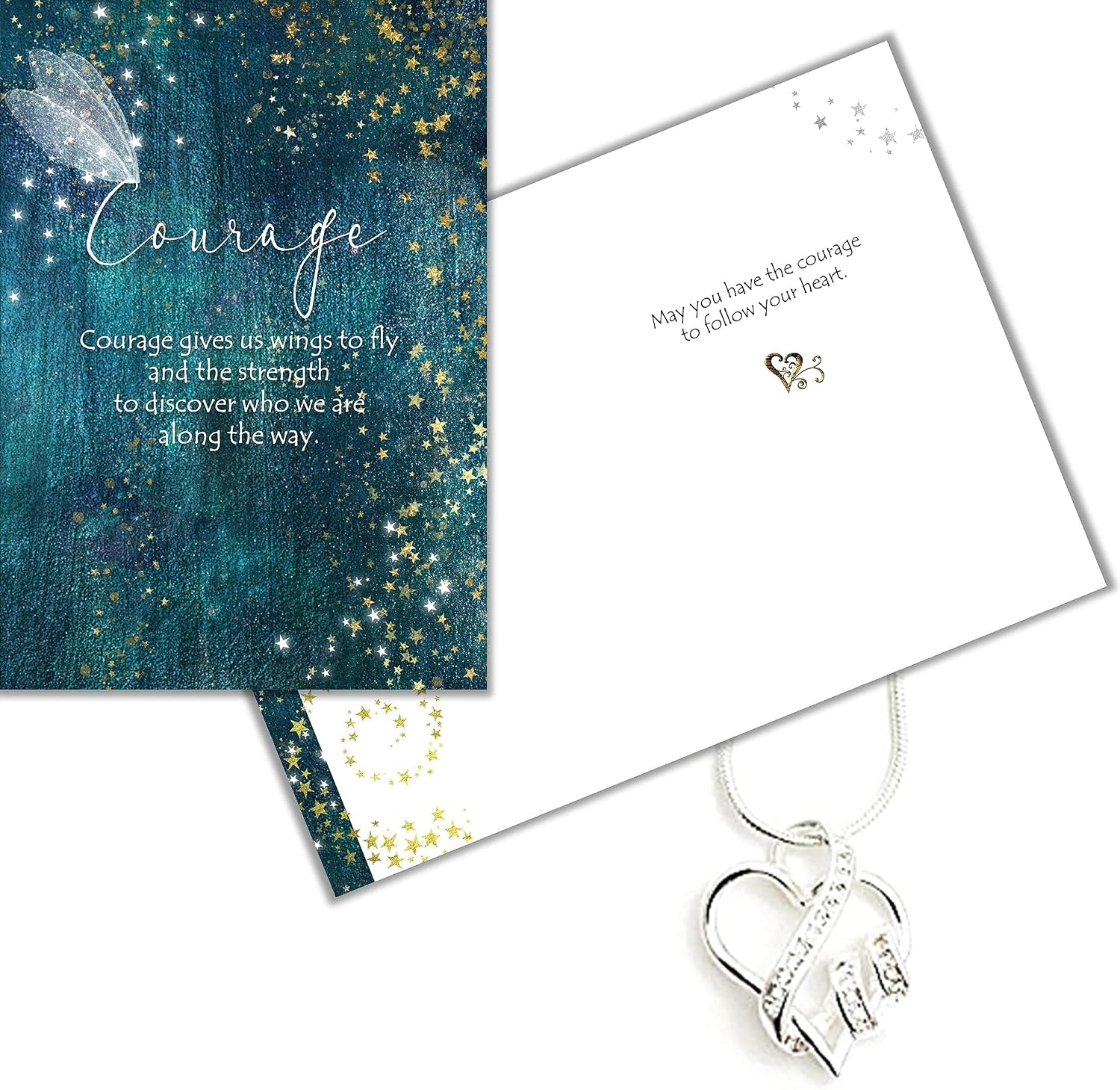 Smiling Wisdom - Courage Greeting Card and Heart Necklace - Graduation Gift - Women Daughter Granddaughter - Silver Dainty Swirl Heart