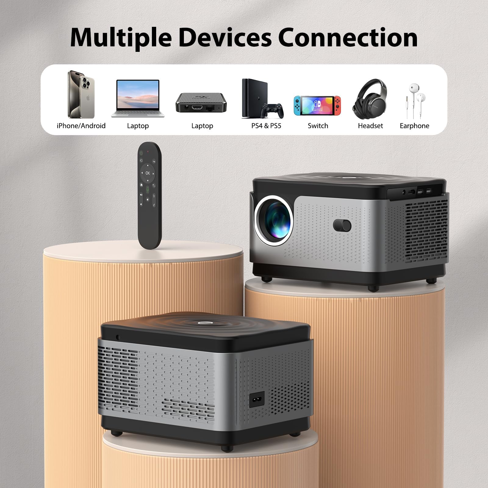 Vidéoprojecteur, Auto Focus/Keystone, 30000 Lumens 1080P FHD WiFi BT Video Projecteur 4K Supporté, Zoom 50%, Miracast pour Téléphone/PC, Projecteur Portable pour Réunion, Fêtes et Loisirs à Domicile