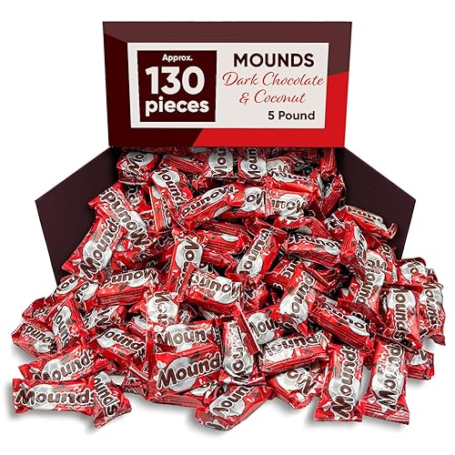 Mounds Chocolate oscuro y coco Caramelos a granel Bolsa de 5 libras aproximadamente 130 montículos de caramelo Caramelo de chocolate, caramelo de