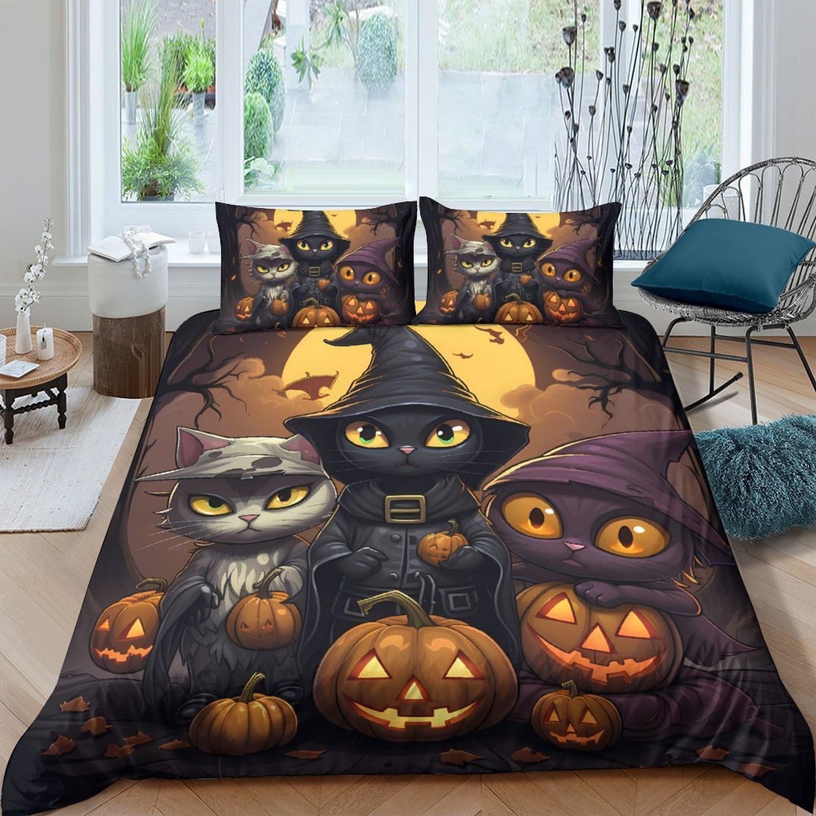 Ctjqhvkz Style-3 3D Printed Halloween Black Cat Fitted Sheet Microfiber Soft Pumpkin Pattern Bed Cover For Bedroom Dorm Easy Care Single（135X200cm）
