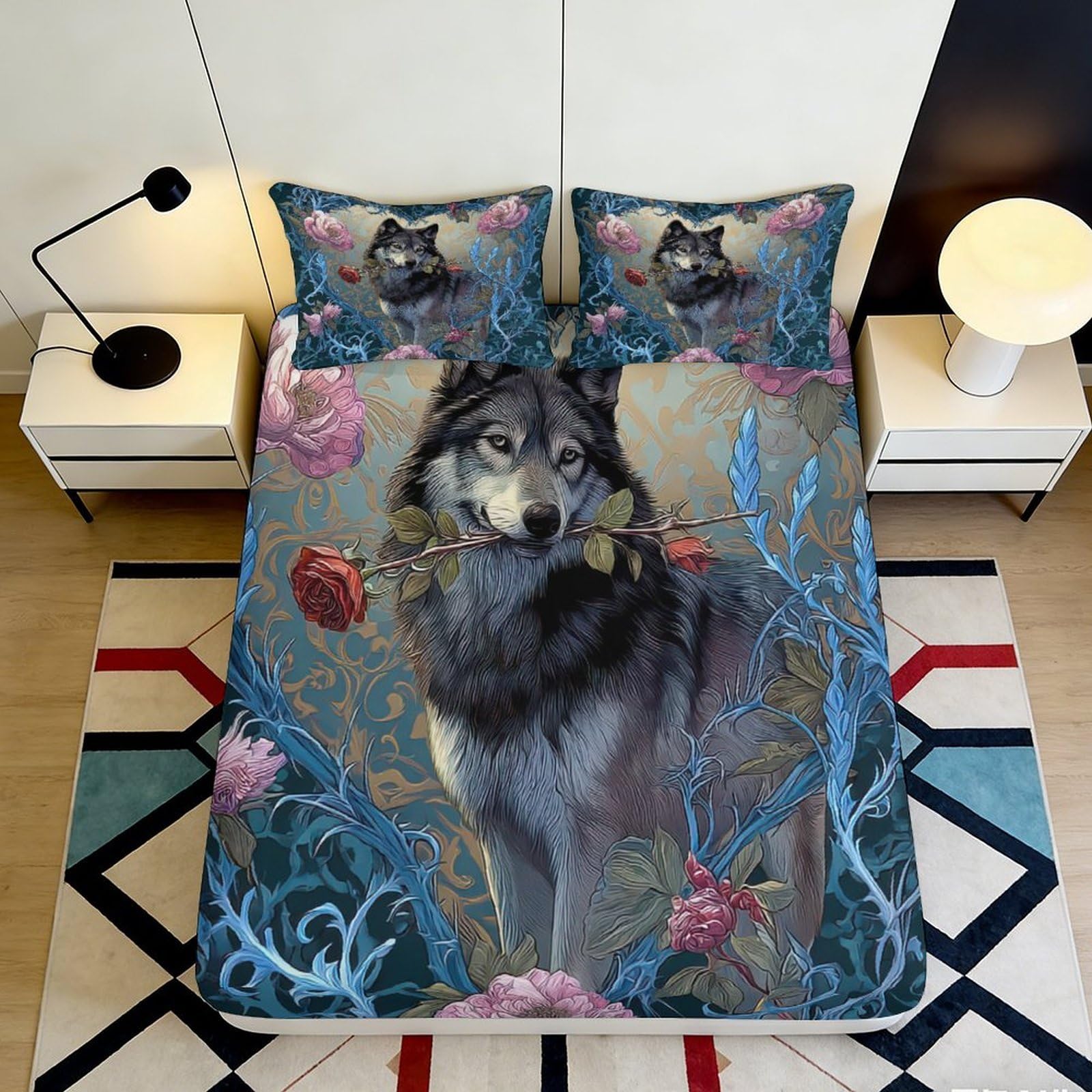 3D Printed Wolf Forest Fitted Sheet Microfiber Soft Breathable Rose Bed Cover for Bedroom Guest Room Decor 90x200x25cm