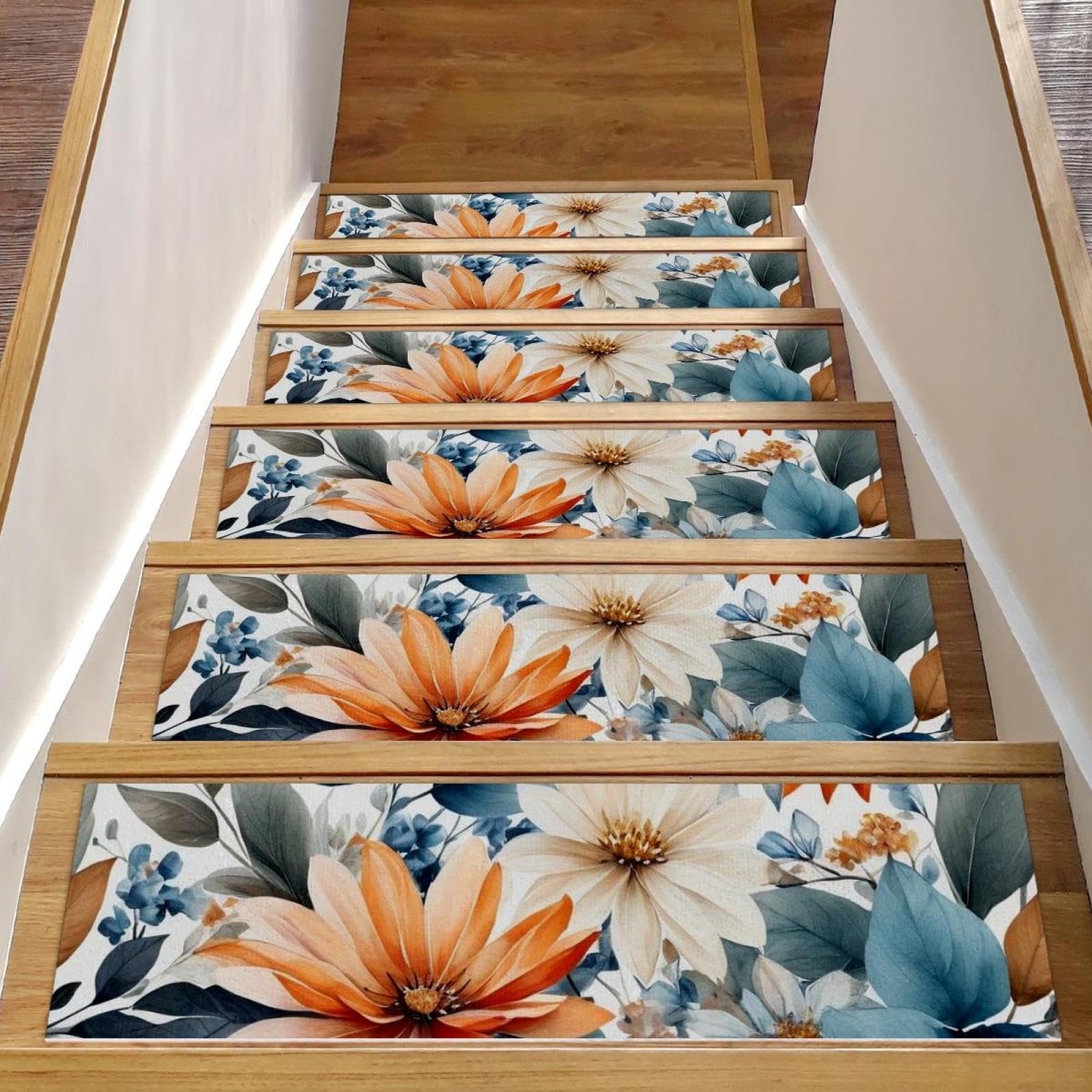 Tapis d'escalier antidérapants et réutilisables motif feuilles vertes pour marches en bois