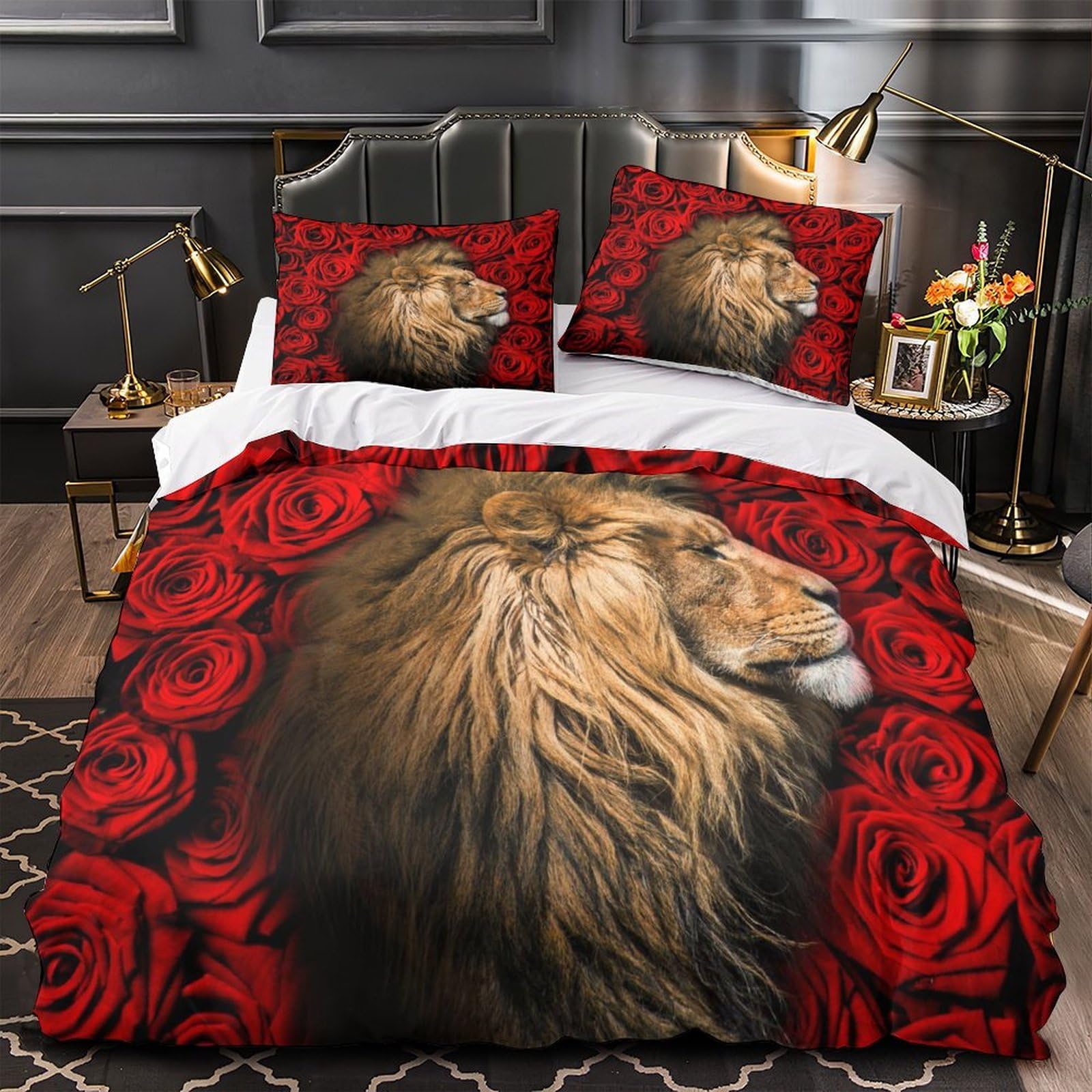 Drap de couette lion 3D anti-tache en microfine avec fermeture éclair cachée taille 260x220