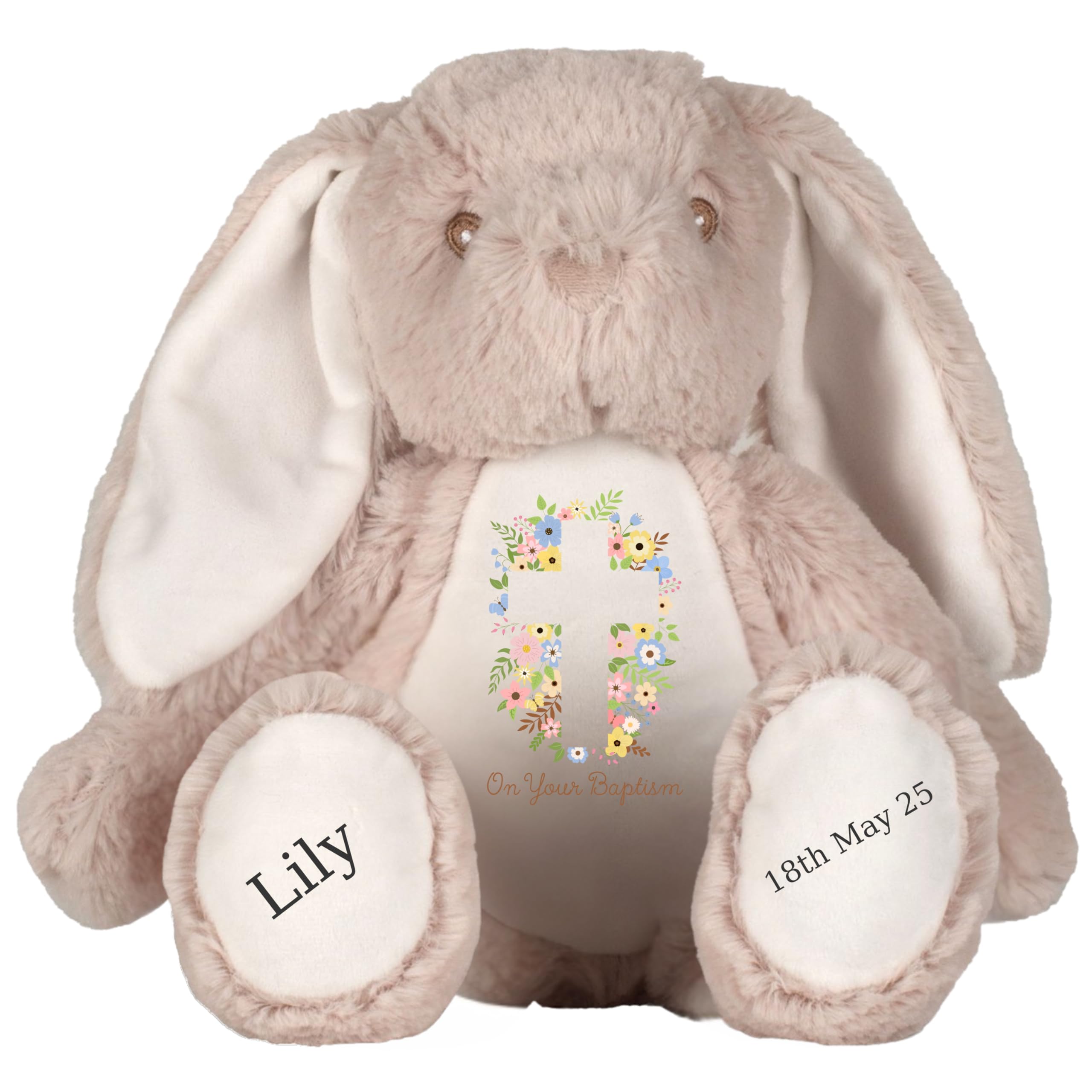 HotScamp Personalised Baptism Bunny with Name - Flowers Cross On your Baptism Day Soft Toy for Baby, Child, Kids, Babies Christening Church Spring Time - Pink Letter Brown Bunny