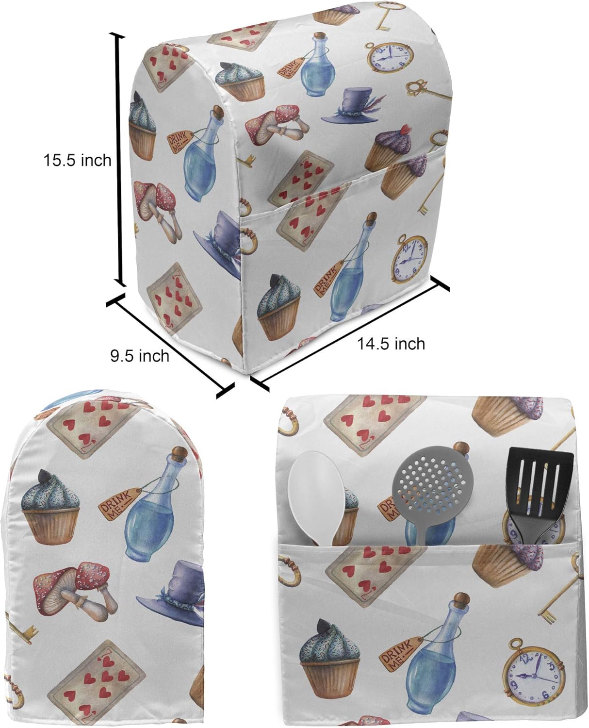 Lunarable Alice in Wonderland Stand Mixer Cover, Cupcakes Mushrooms and Bottles Hanging in Sky Dessert Print, Kitchen Appliance Organizer Bag Cover with a Pocket, 6-8 Quarts, Multicolor