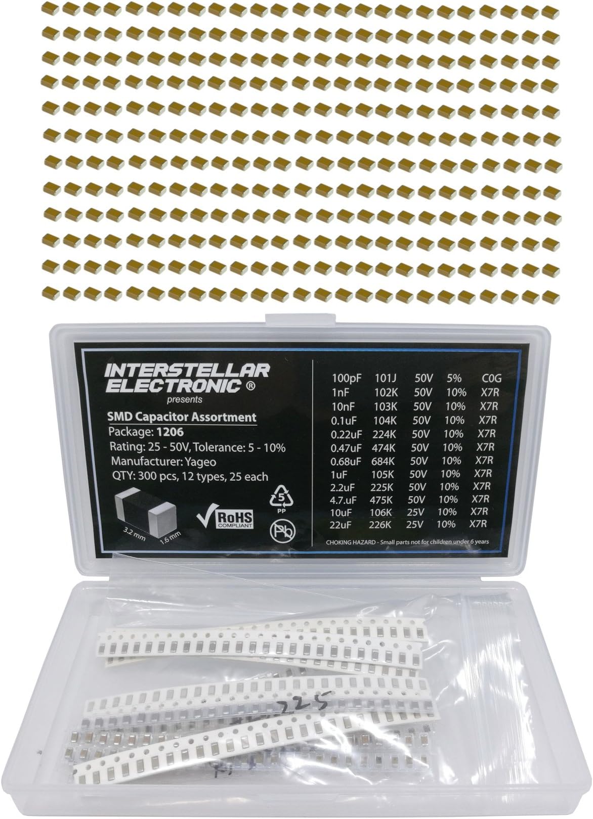 1206 SMD Capacitor Assortment X7R C0G only, 100pf, 1nF, 10nF, 01uF, 0.22uF, 0.47uF, 0.68uF, 1uF, 2.2uF, 4.7uF, 10uF, 22uF, 25V - 50V, 300 pcs