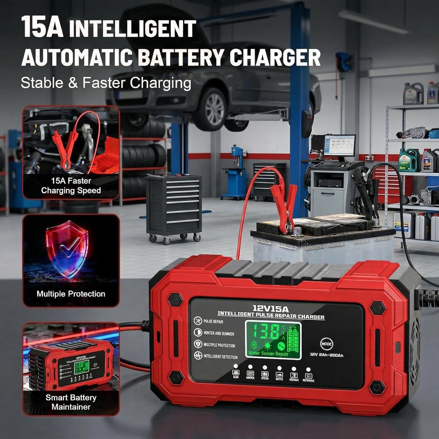 Battery Charger 15A 12V Fully Automatic Smart Trickle Car Battery Charger Maintainer with LCD Display & Temperature Compensation for Car Truck Motorcycle Lawn Mower Boat