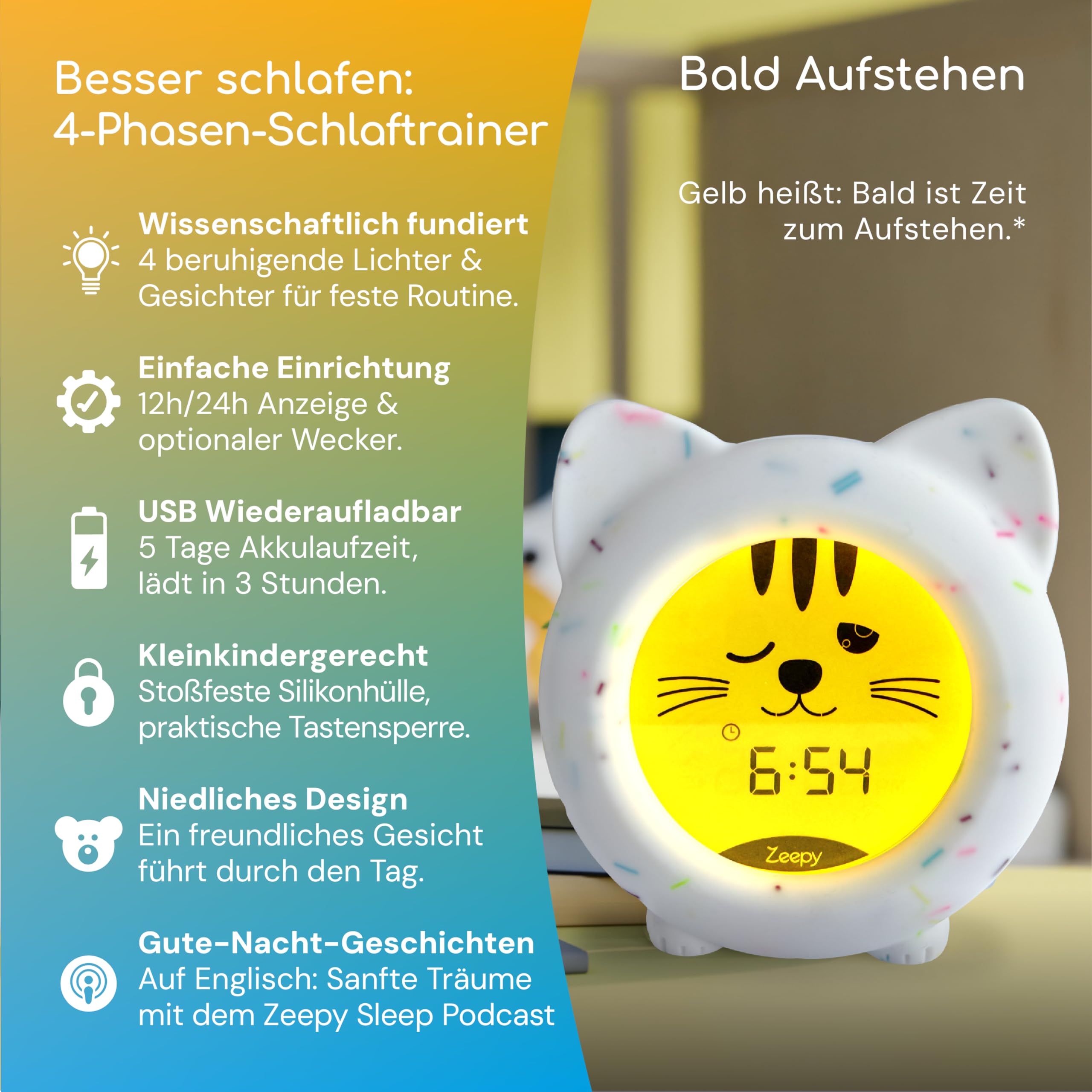 Zeepy - Reloj infantil de 4 fases para aprendizaje de sueño (despertar infantil, educativo, día/noche y luz nocturna, USB para bebé, regalo de nacimiento ideal - Kip Le Chaton