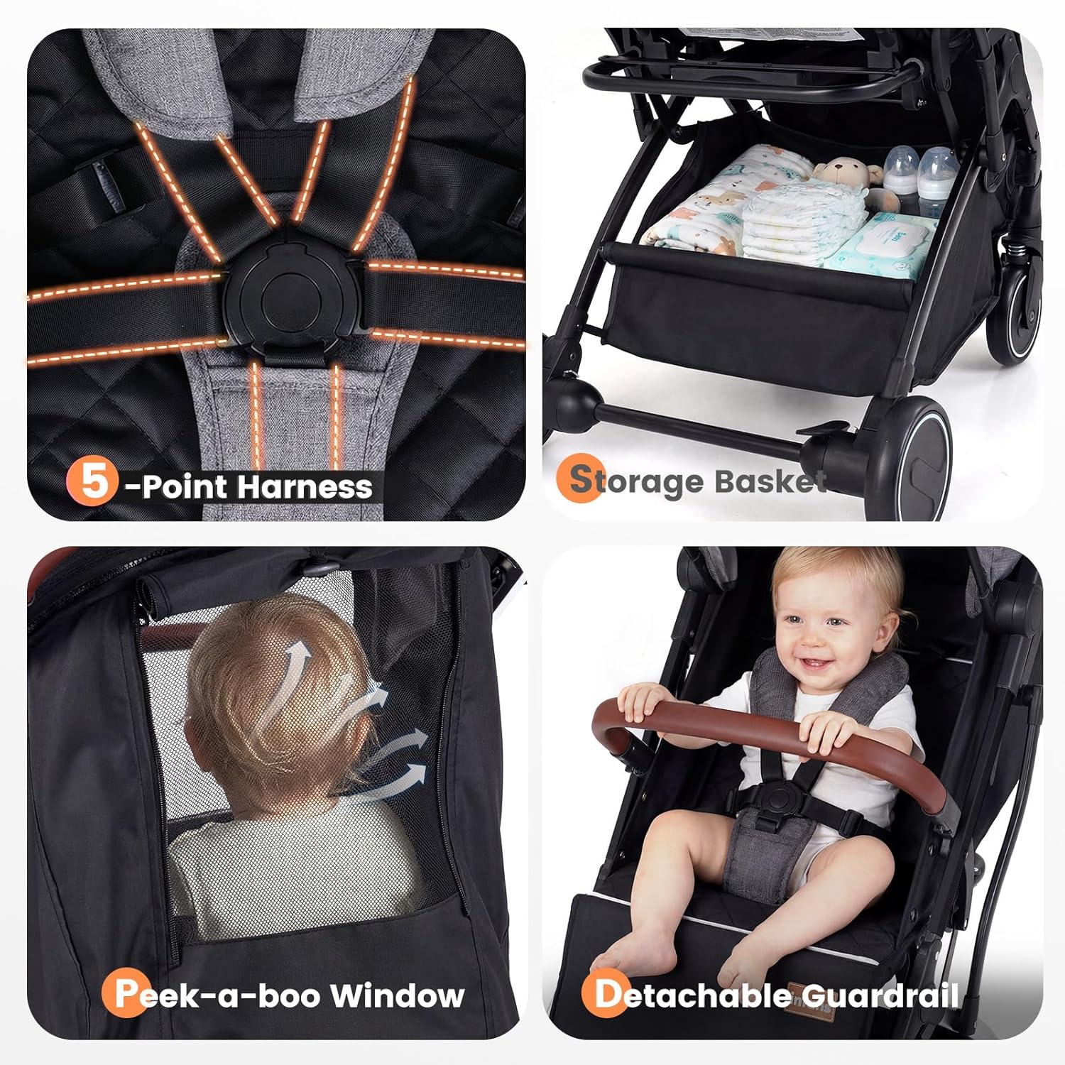 INFANS Travel Stroller, Lightweight Compact Baby Stroller for Airplane with One-Hand Fold, Multi-Position Recline, Canopy, 4 Wheel Suspension, Storage Basket (Grey+Black)
