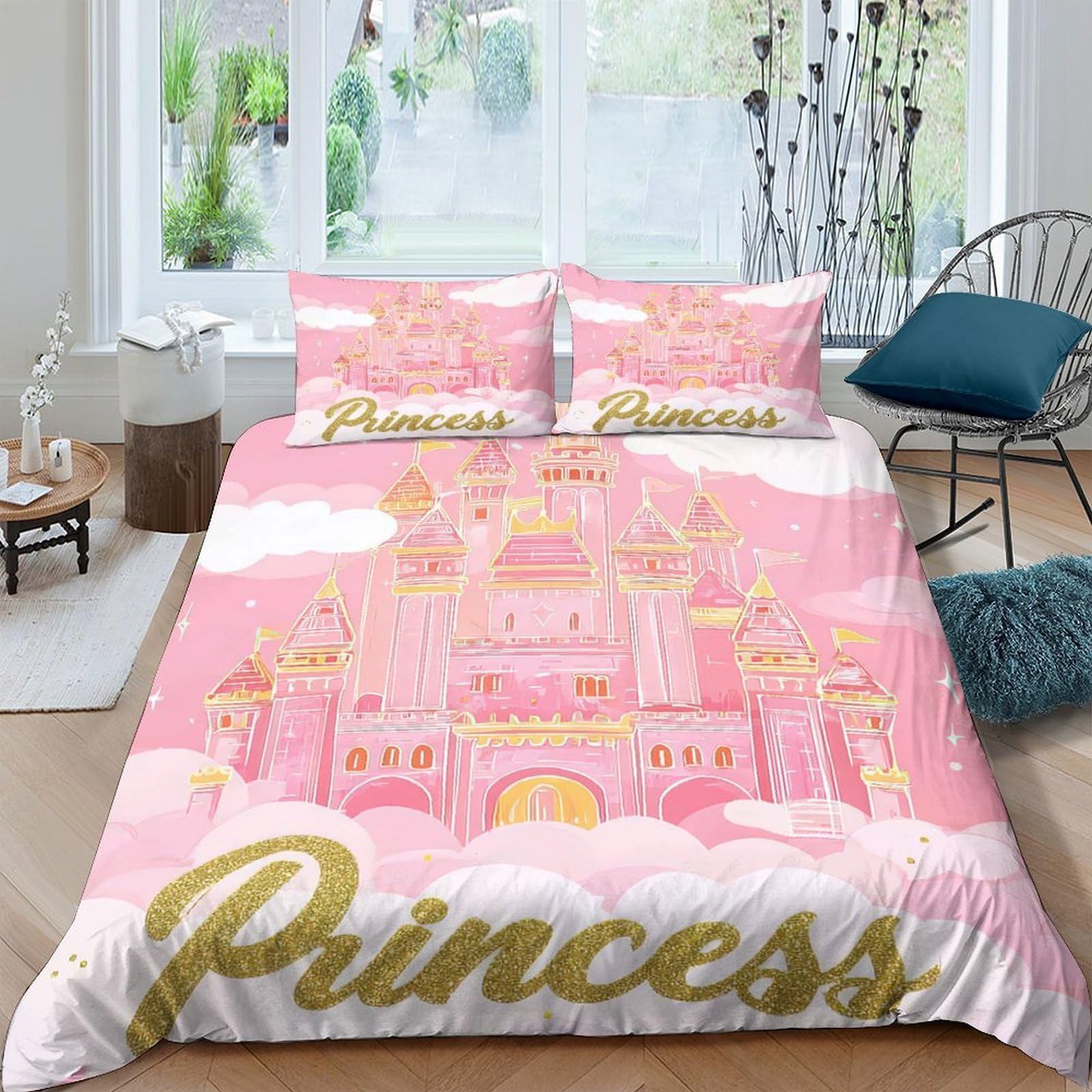 TUFRTGYHN 3D Printed Pink Princess Castle Duvet Cover Microfiber Soft Breathable Bedding Set with 2 Pillowcases for Bedroom Decor Single（135x200cm）