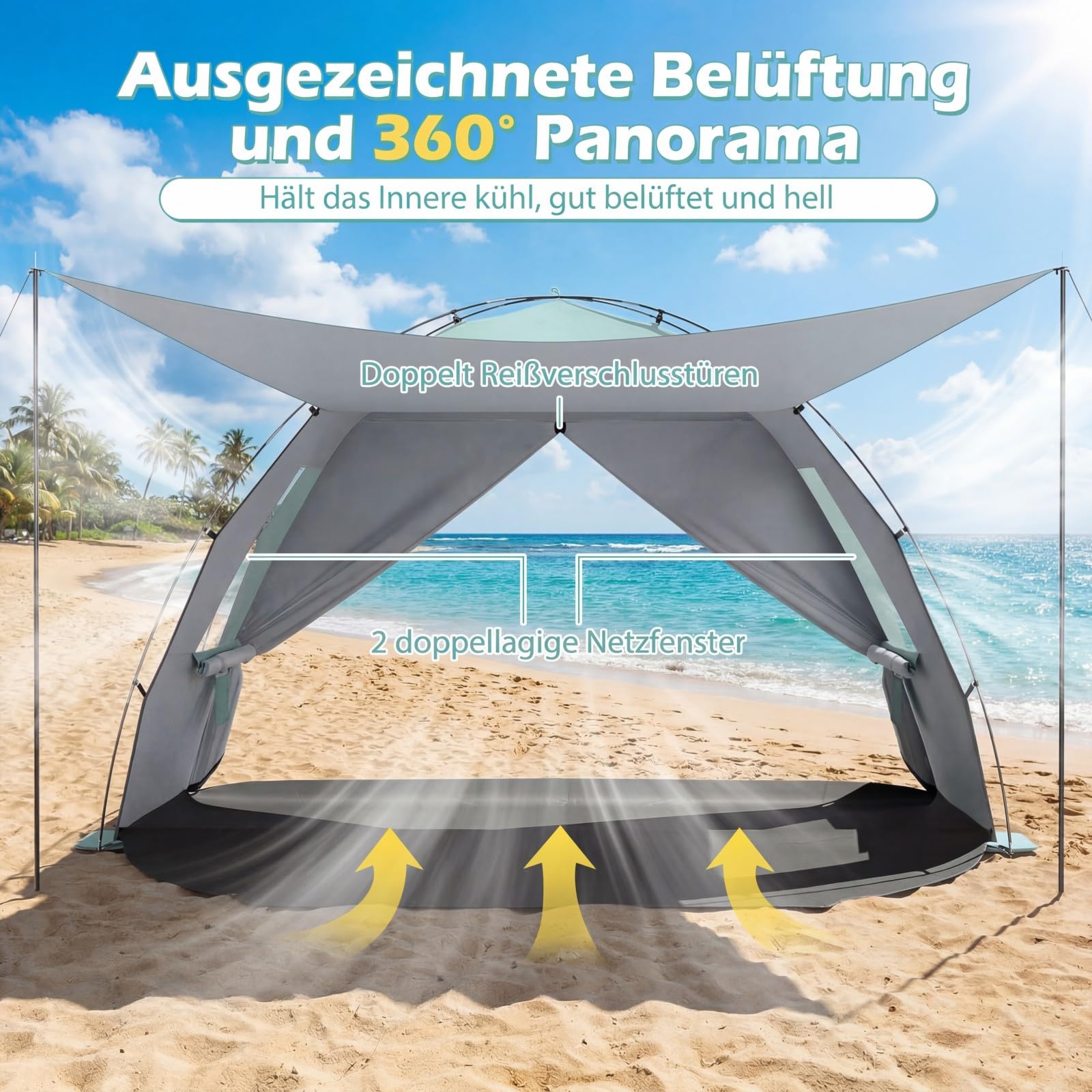 COSTWAY Strandmuschel mit Vordach, Strandzelt UV-Schutz 50+ mit Reißverschlusstüren & Netzfenstern, Zelt für 5-6 Personen inkl. Tragetasche & Heringe (260 x 150 x 160 cm,Grün)
