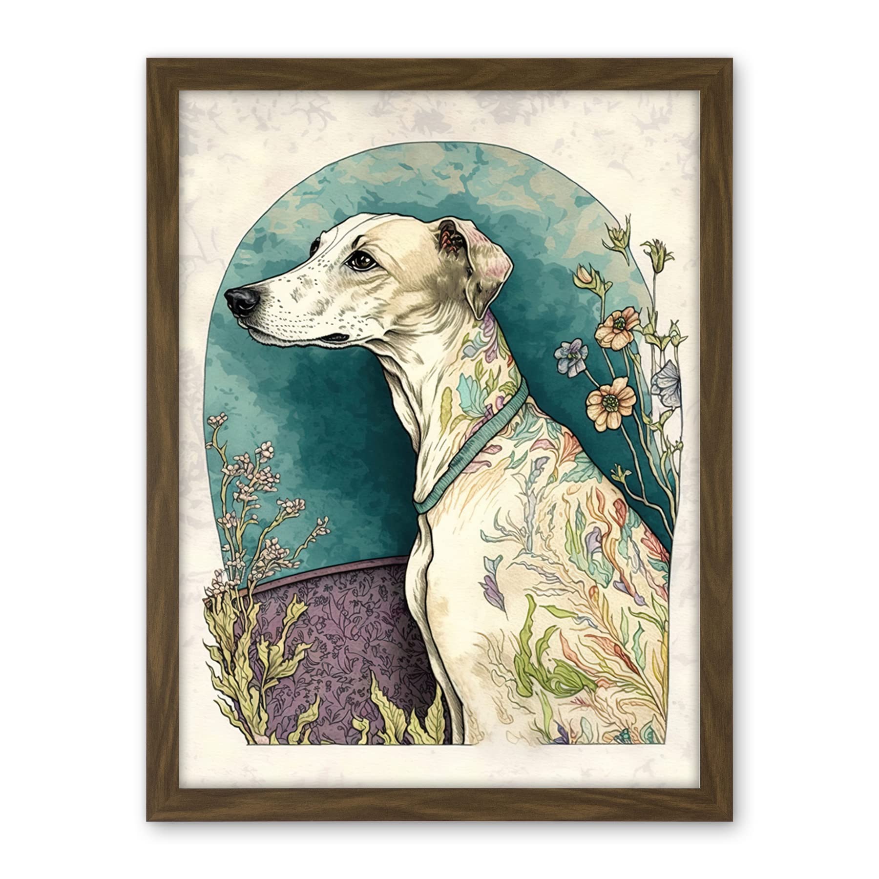 Artery8 Whippet Dog with Flowers Modern Multicoloured Watercolour Illustration Artwork Framed Wall Art Print 18X24 Inch
