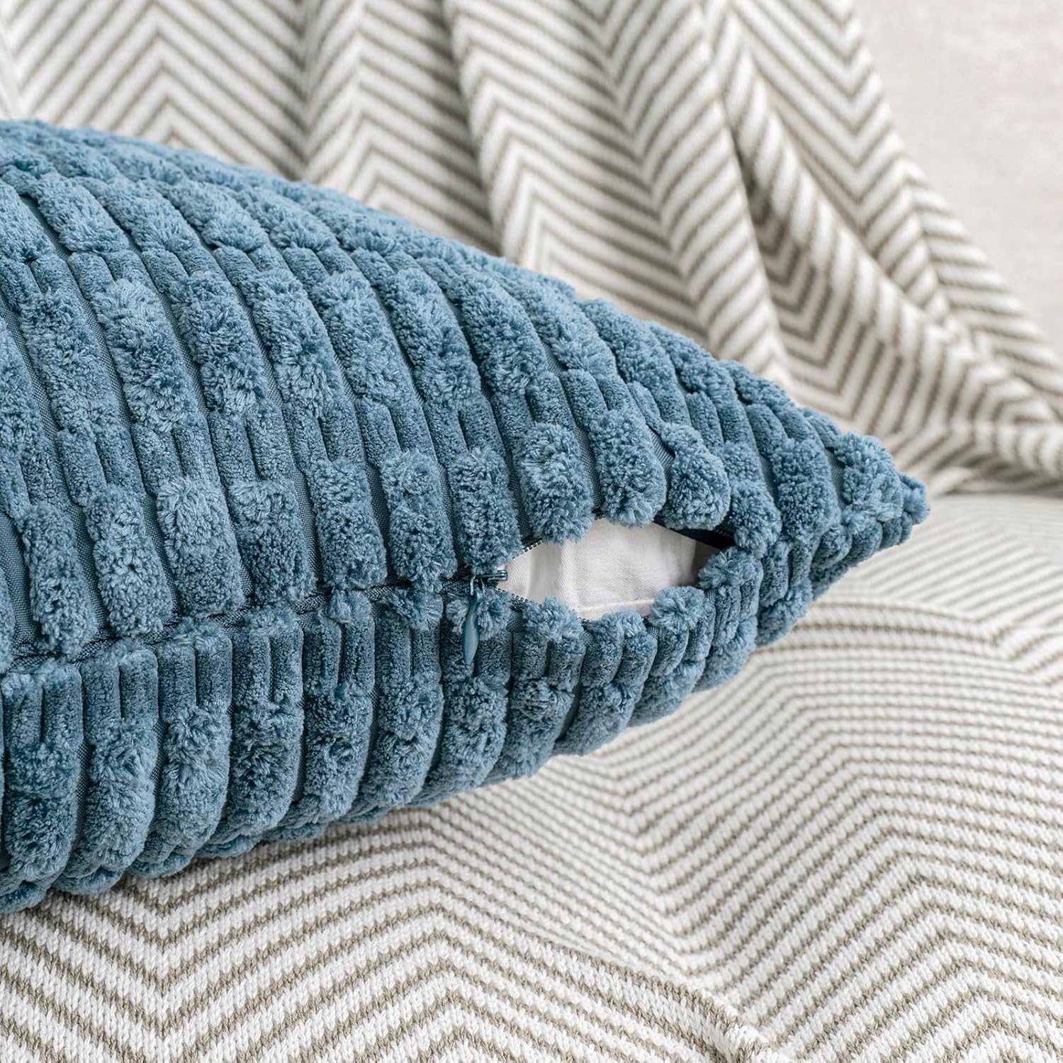 HWY 50 Blue Corduroy Decorative Throw Pillow Covers 16x16 Inch, Pack of 2, Soft Striped Farmhouse Boho Cushion Cases for Couch Sofa Bed Living Room - Image 4