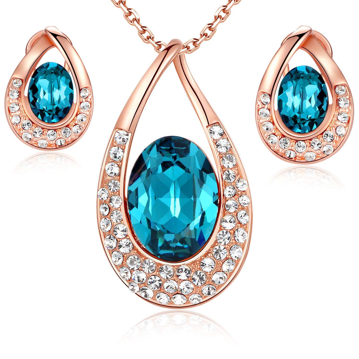 [Presented by Miss New York] Leafael "Angel's Teardrop" Made with Premium Crystals Blue Zircon Jewelry Set Earrings Necklace, 18" +2", Nickel/Lead/
