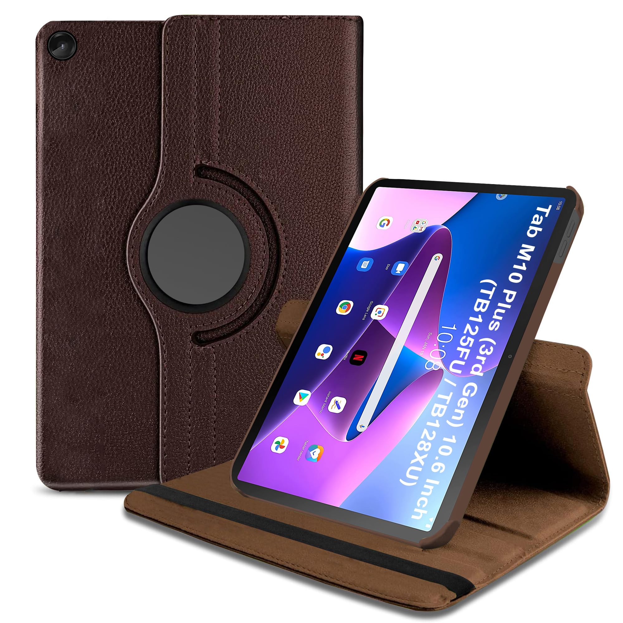 TGK 360 Rotatable Smart Flip Case Cover for Lenovo Tab M10 Plus 3rd Gen 10.6 Inch TB125FU TB128XU (Brown)