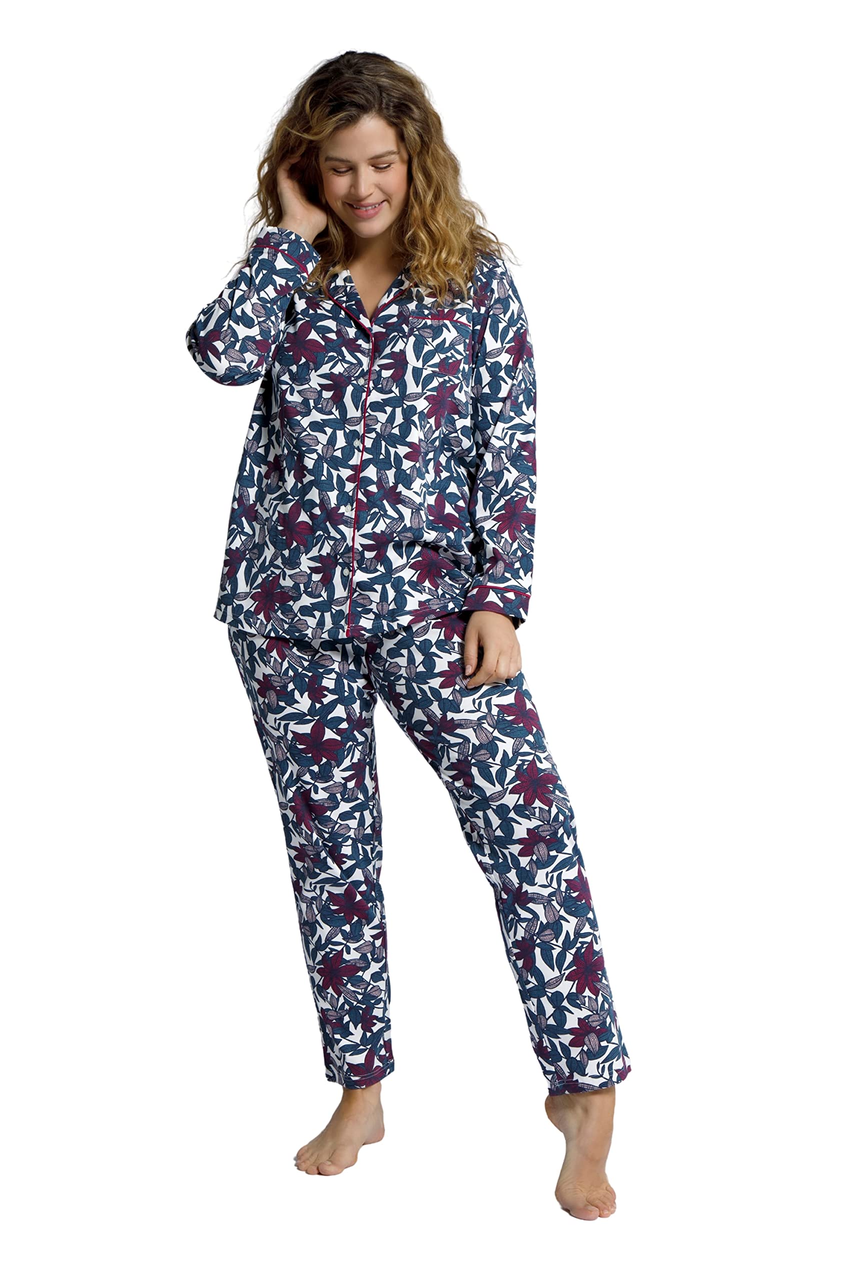 Women's Pyjama, Dschungelmuster, Hemdkragen, Langarm Pajama Set
