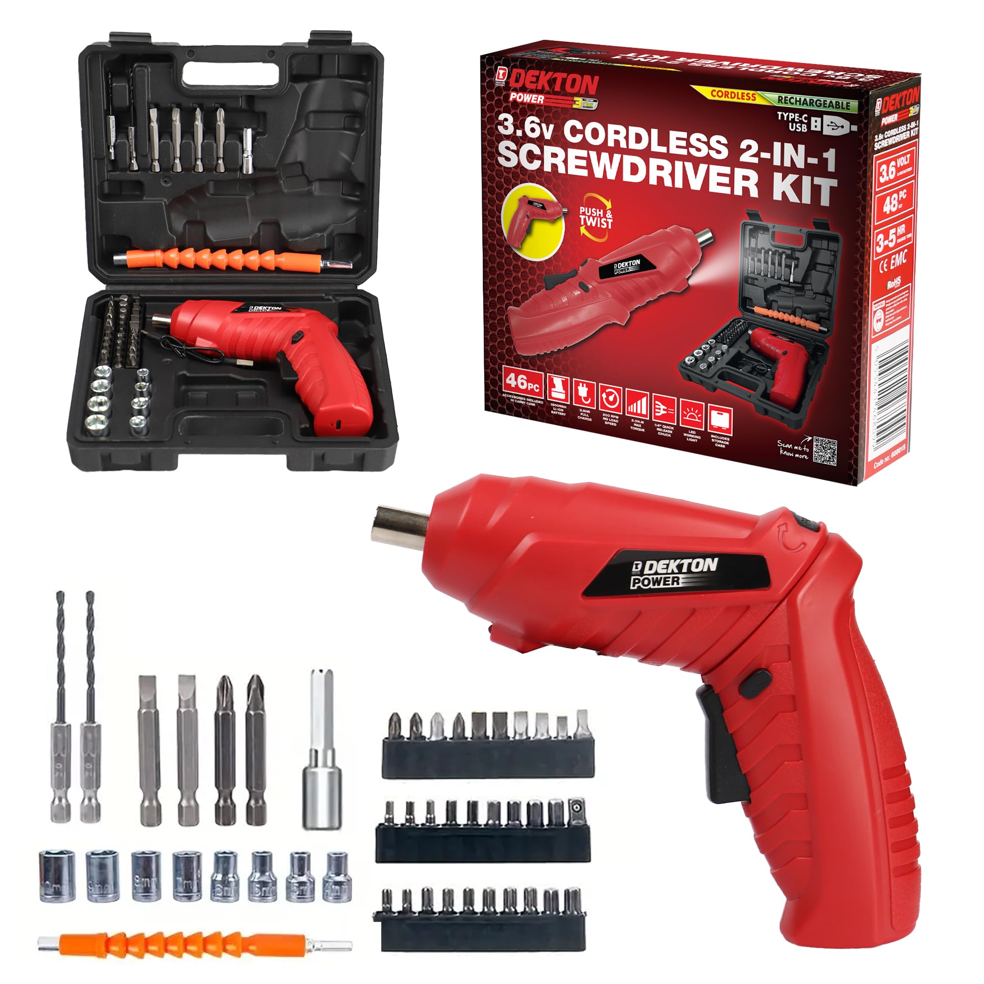 3.6V Electric Screwdriver Kit Cordless Rechargeable + 48pc Bits Sockets & Case