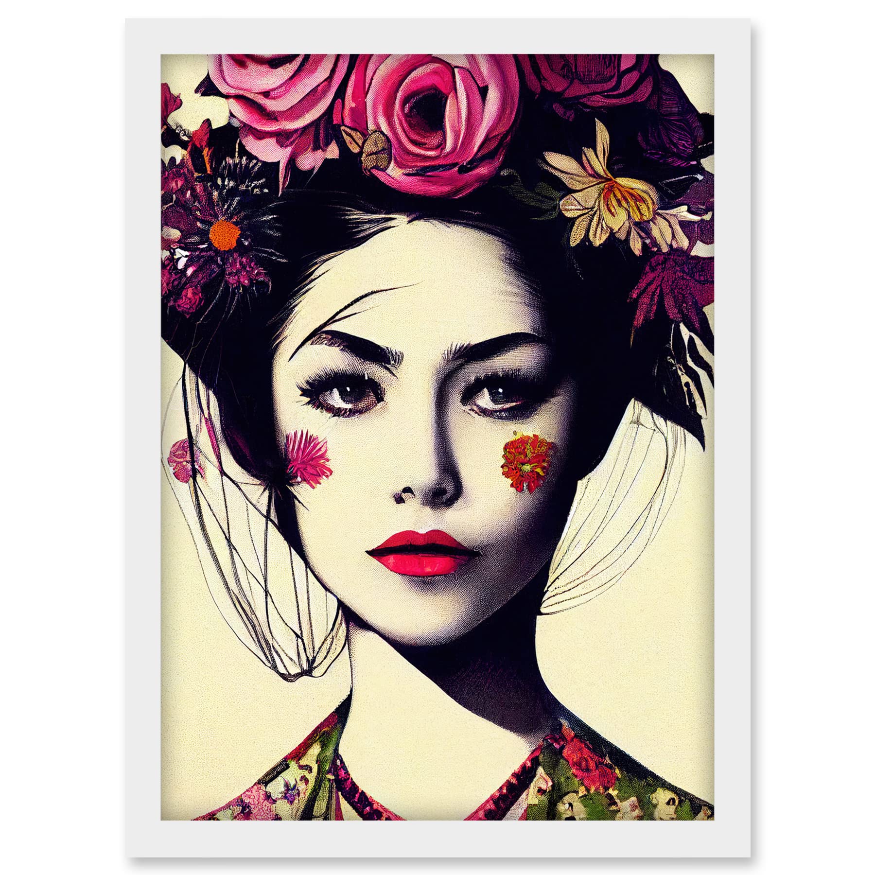Doppelganger33 LTD Boho Woman With Flowers Headdress Modern Artwork Framed A3 Wall Art Print