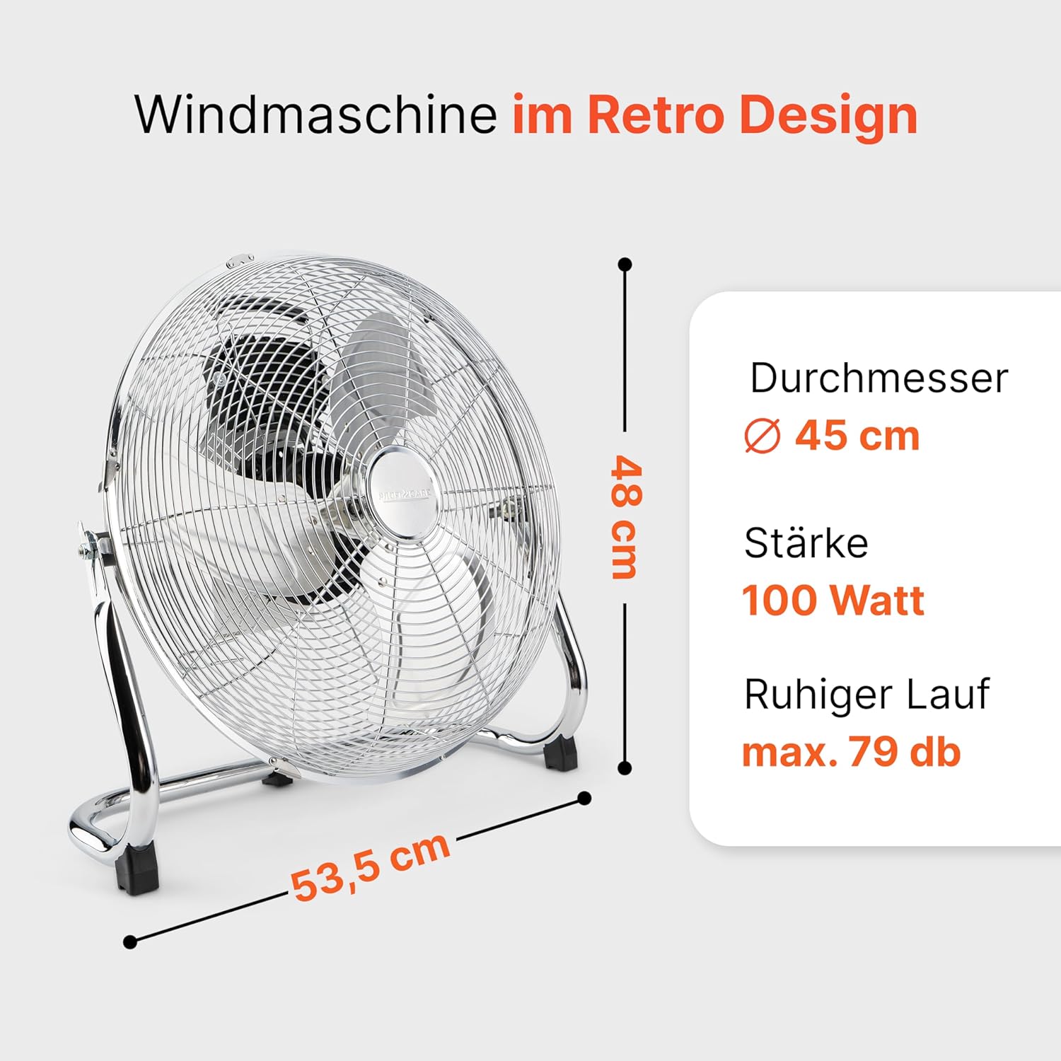 PC VL 3066 WM - Retro Electric Floor Fan - 100 W - 45 cm - LED Indicators - 4 Levels (0-1-2-3) - Silent - Chrome