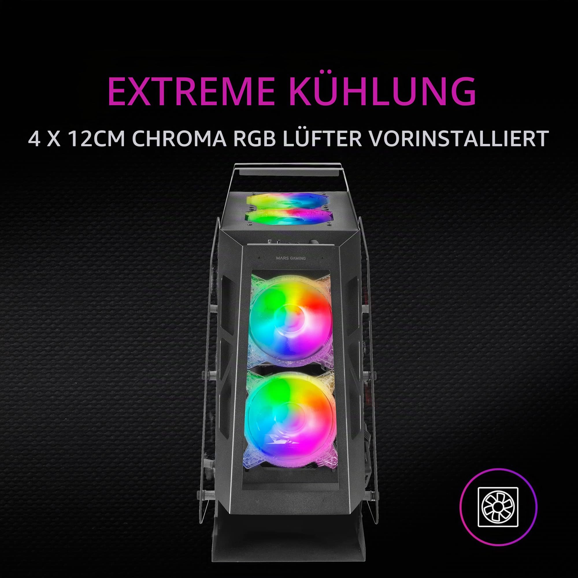 Mars Gaming MC61 Schwarz, PC-Gehäuse Gaming Kompaktes Micro-ATX, 4 x 12cm Lüfter, ARGB Chroma, Dual Tempered Glass Fenster