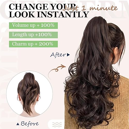 Miniatura 2 de Extensión de cola de caballo de 18 pulgadas de largo, rizado, ondulado, clip en aspecto natural, extensión de pelo sintético para mujer, mezcla de