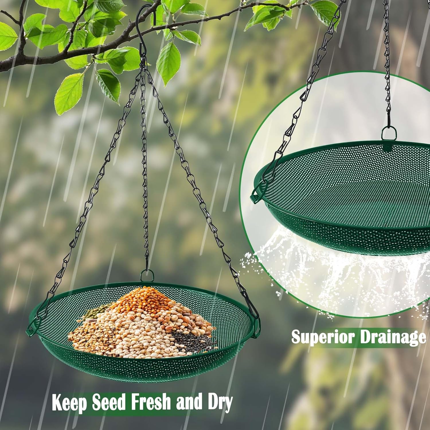 Platform Hanging Bird Feeder for Outdoors – Metal Mesh Seed Tray to Attract Wild Birds, Round 12 in, Green