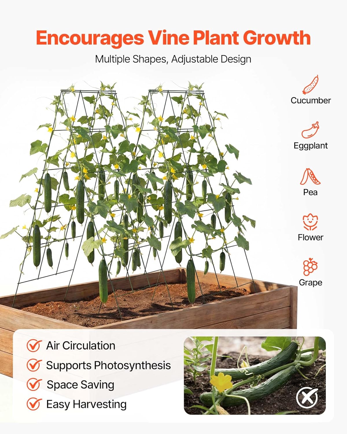 VEVOR Cucumber Trellis, 46" High Foldable A-Frame Garden Trellises for Raised Bed, 4 Panels, Metal Rustproof Outdoor Climbing Plant Support with 2 Plant Bags for Vine, Peas, Beans, Tomato, Flowers