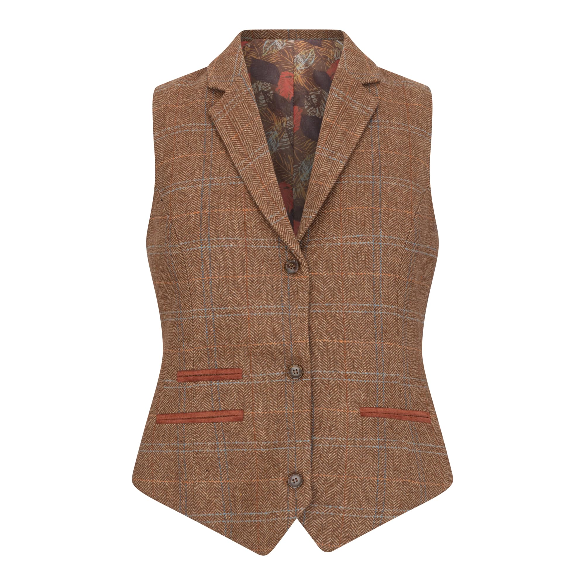 Infinity Leather Women's Oak Brown Tailored Fit Tweed Waistcoat in Herringbone Check