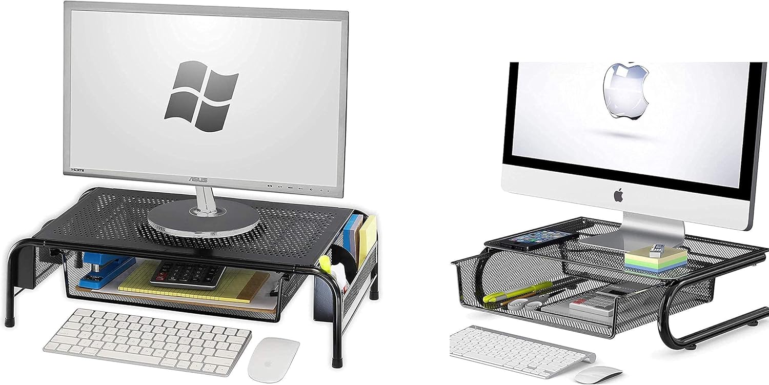 SimpleHouseware Metal Monitor Stand Riser with Drawer + Mesh Monitor Riser with Drawer