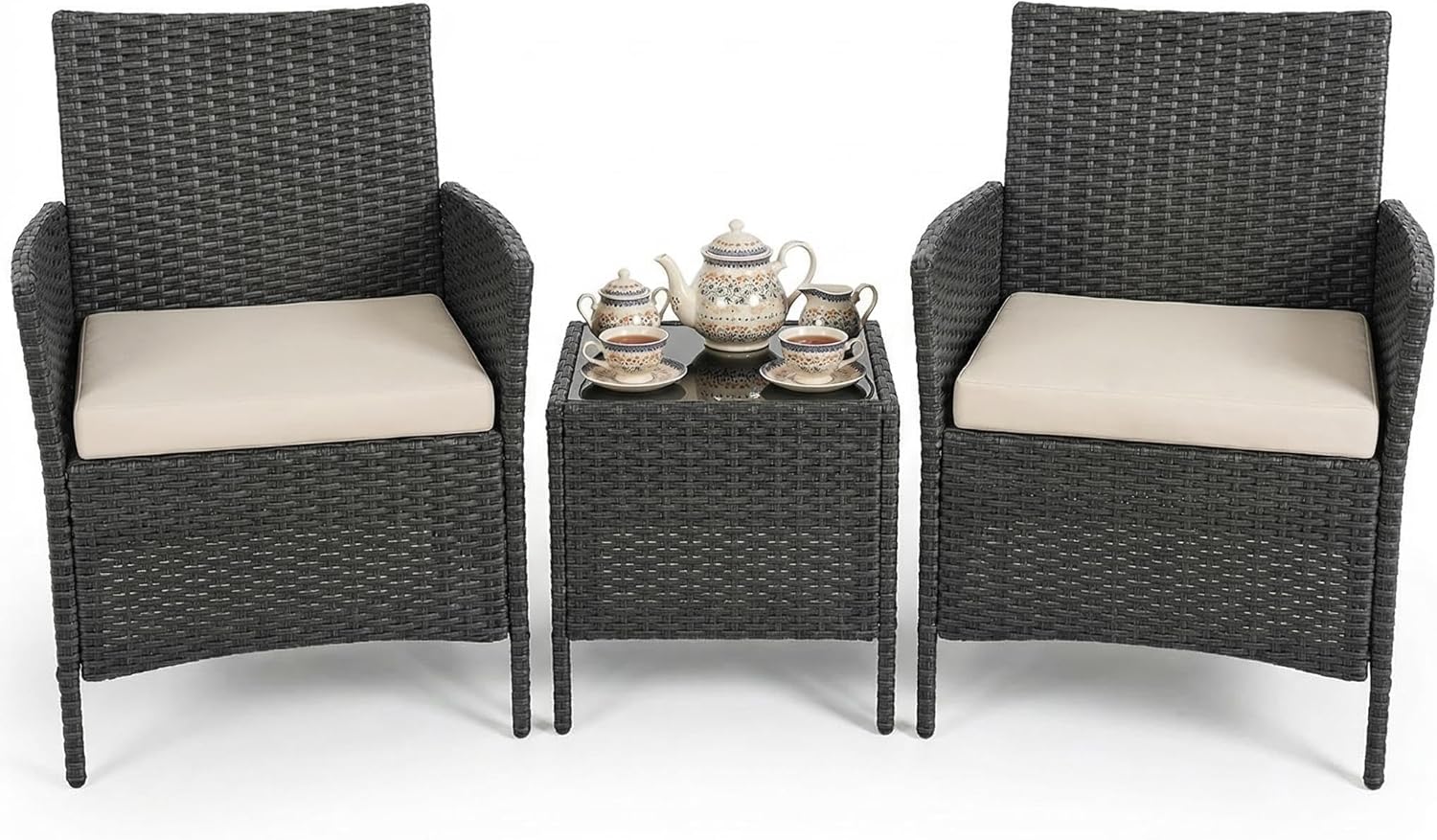 3 Piece Patio Furniture Set, Outdoor Deck Rattan Chair Wicker Combo Furniture, All Weather Dialogue Rattan Sofa With Upholstery and Glass Table for Garden, Backyard, Porch, Lawn, Pool, Black