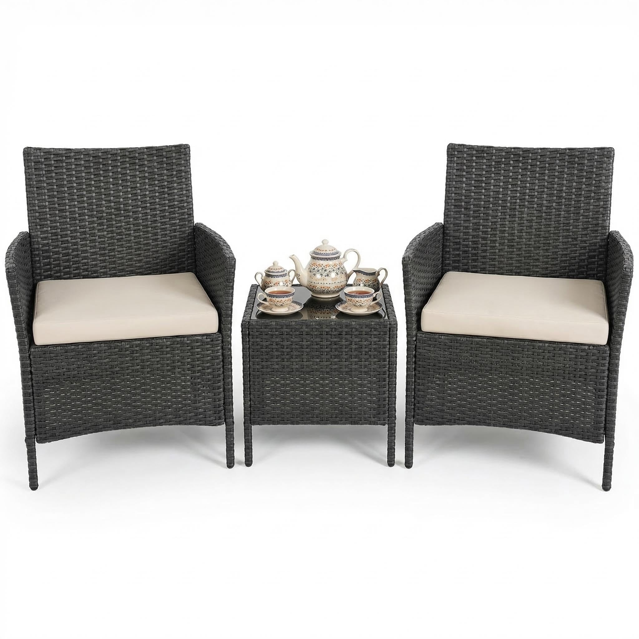 3 Piece Patio Furniture Set, Outdoor Deck Rattan Chair Wicker Combo Furniture, All Weather Dialogue Rattan Sofa With Upholstery and Glass Table for